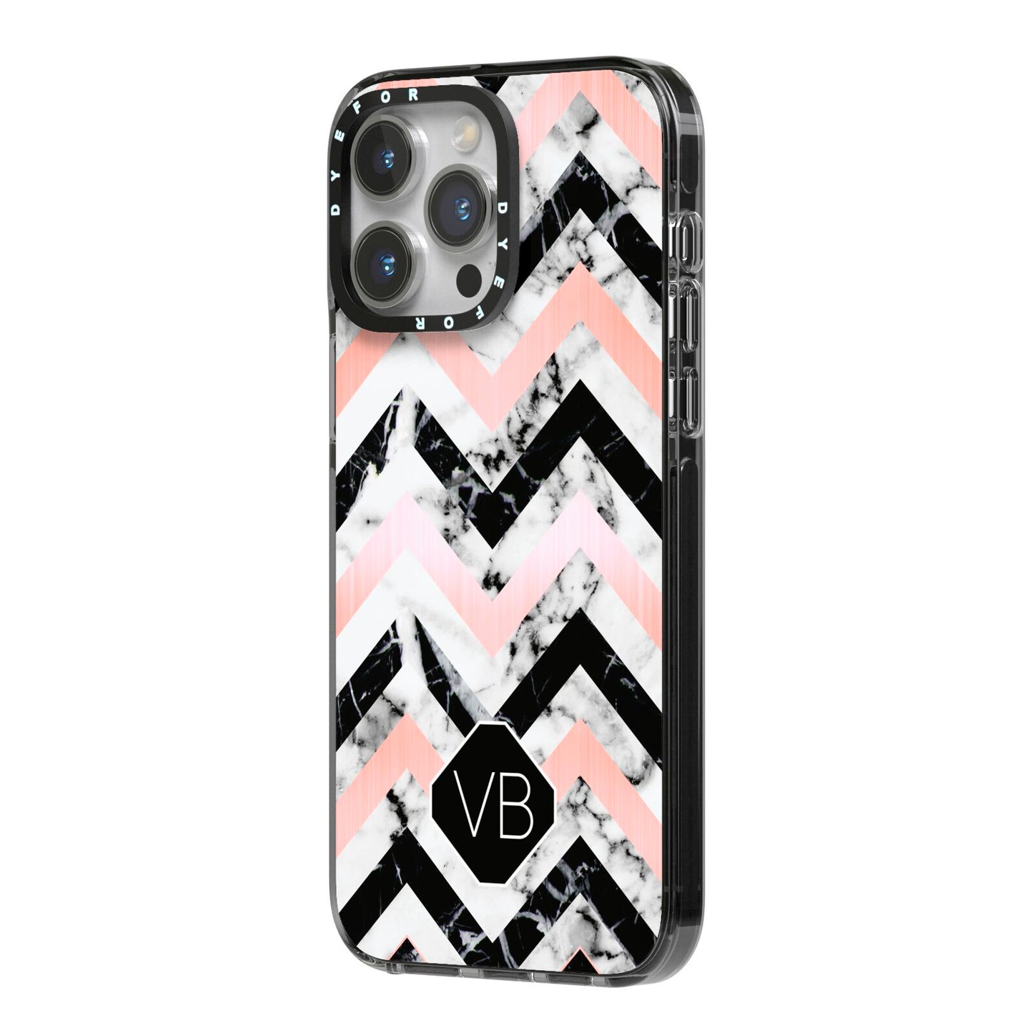 Personalised Marble Pattern Initials iPhone 14 Pro Max Black Impact Case Side Angle on Silver phone