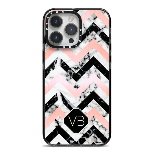 Personalised Marble Pattern Initials iPhone 14 Pro Max Black Impact Case on Silver phone