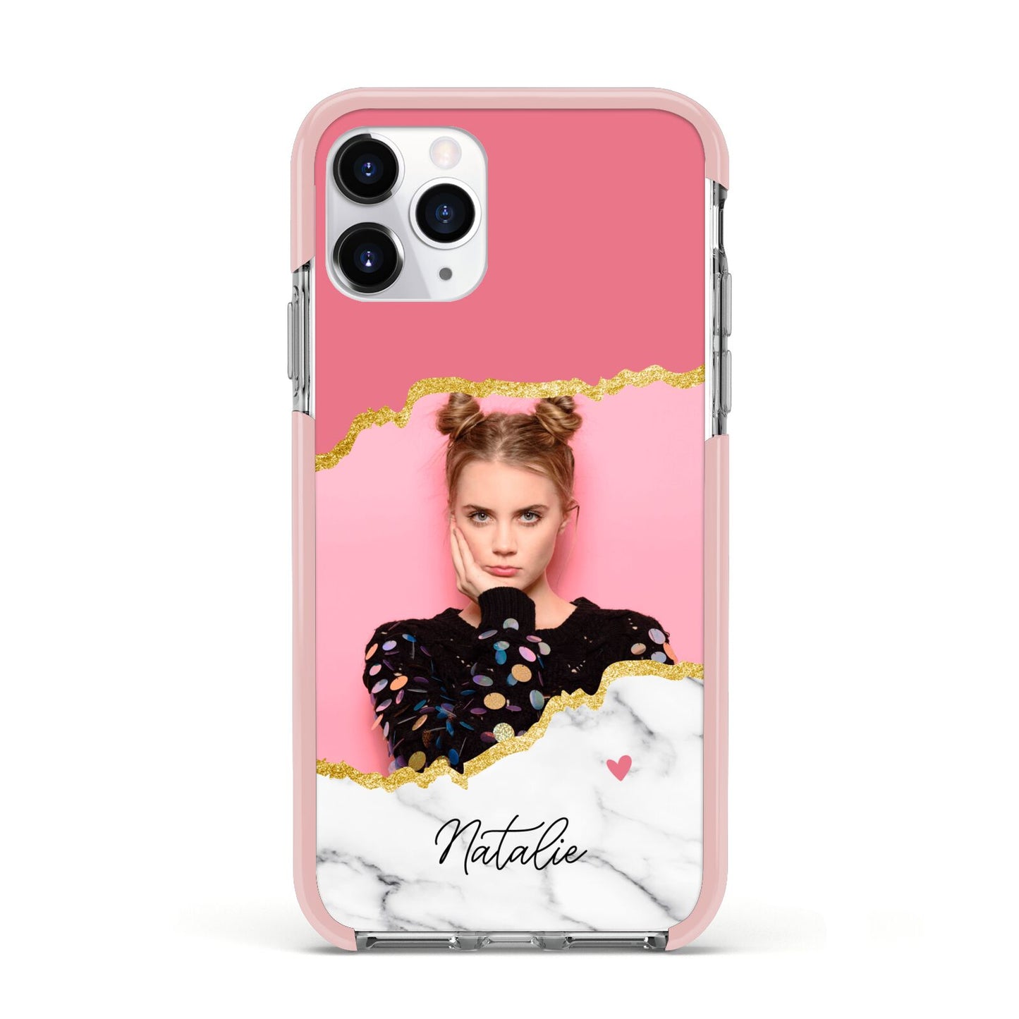 Personalised Marble Photo Apple iPhone 11 Pro in Silver with Pink Impact Case