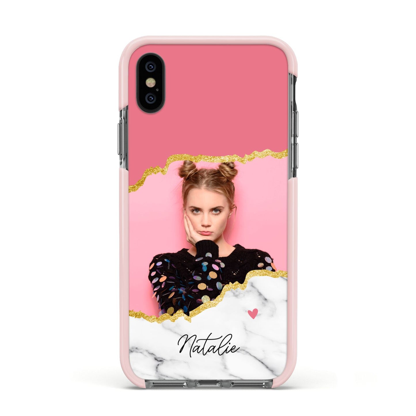 Personalised Marble Photo Apple iPhone Xs Impact Case Pink Edge on Black Phone