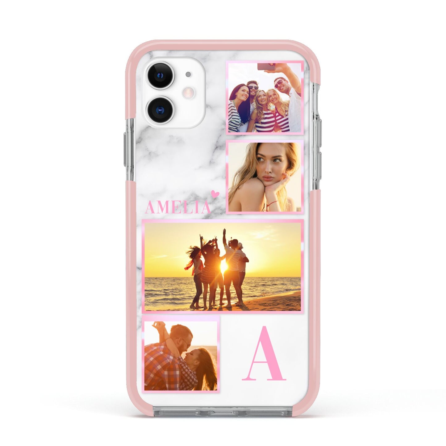 Personalised Marble Photo Collage Apple iPhone 11 in White with Pink Impact Case