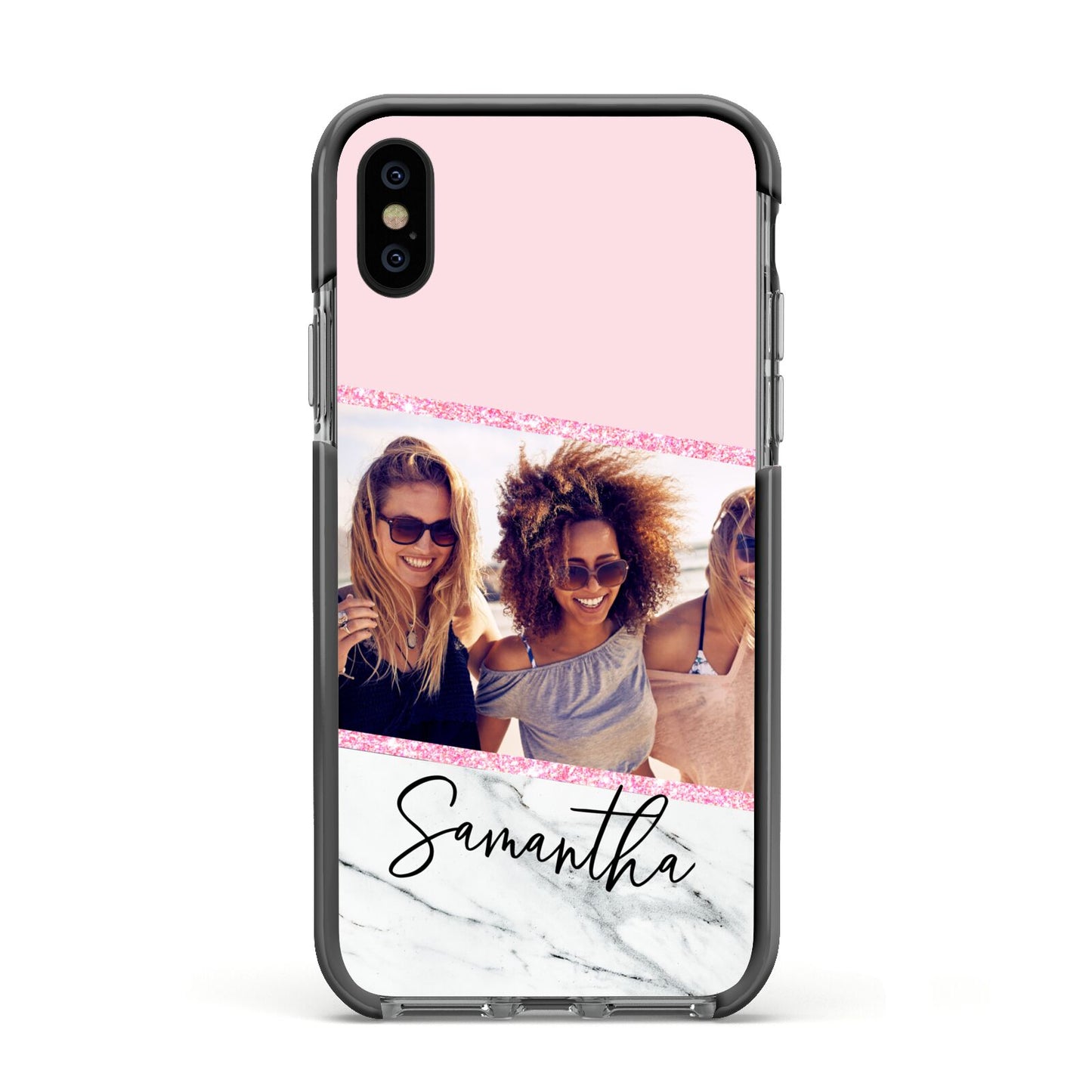 Personalised Marble Photo Name Apple iPhone Xs Impact Case Black Edge on Black Phone