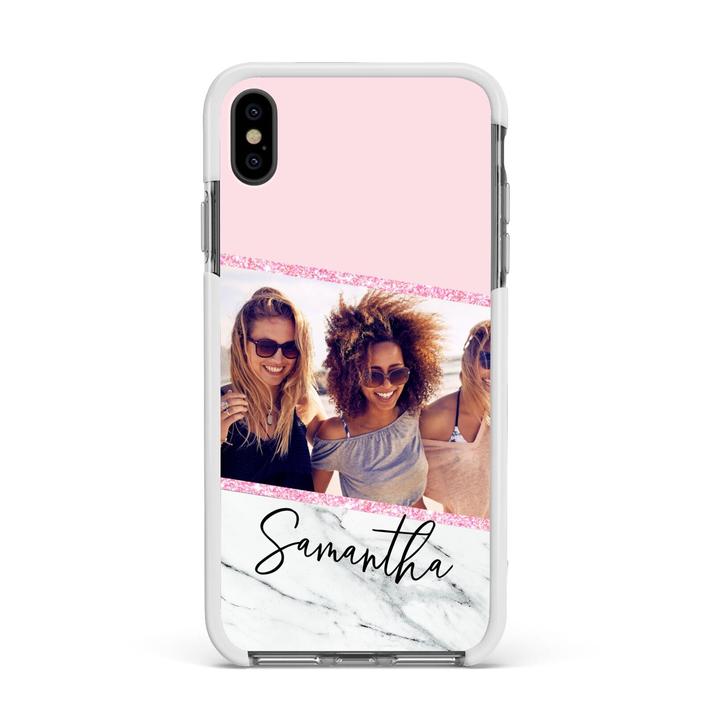 Personalised Marble Photo Name Apple iPhone Xs Max Impact Case White Edge on Black Phone