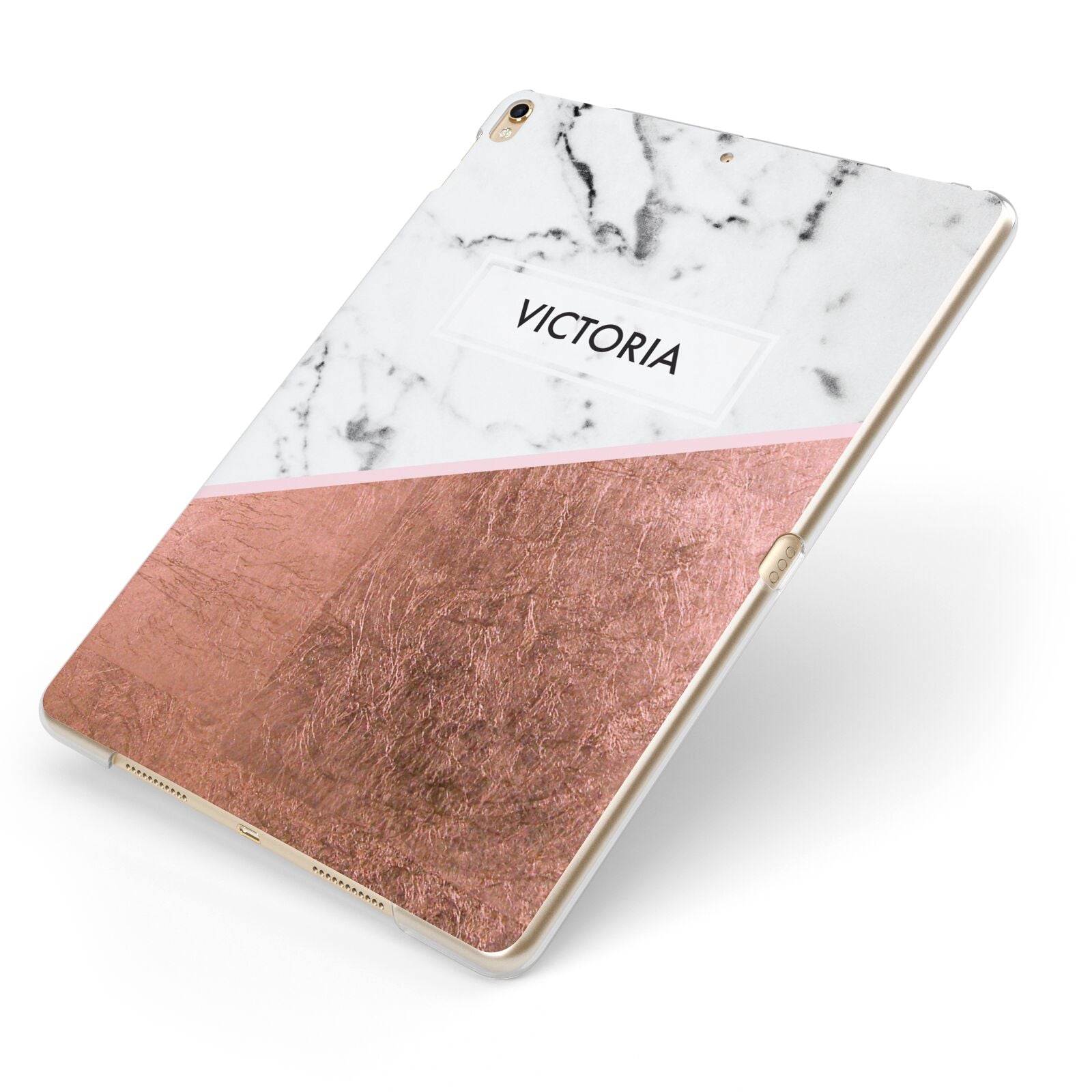 Personalised Marble Rose Gold Name Initials Apple iPad Case on Gold iPad Side View