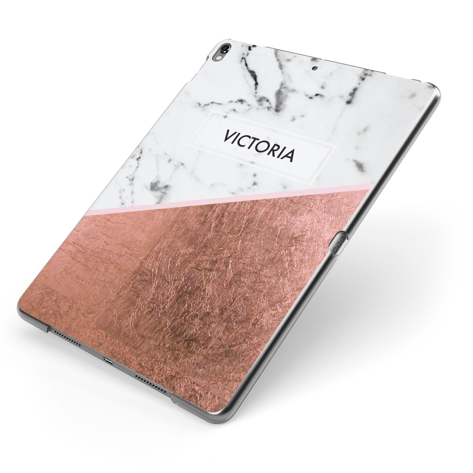 Personalised Marble Rose Gold Name Initials Apple iPad Case on Grey iPad Side View