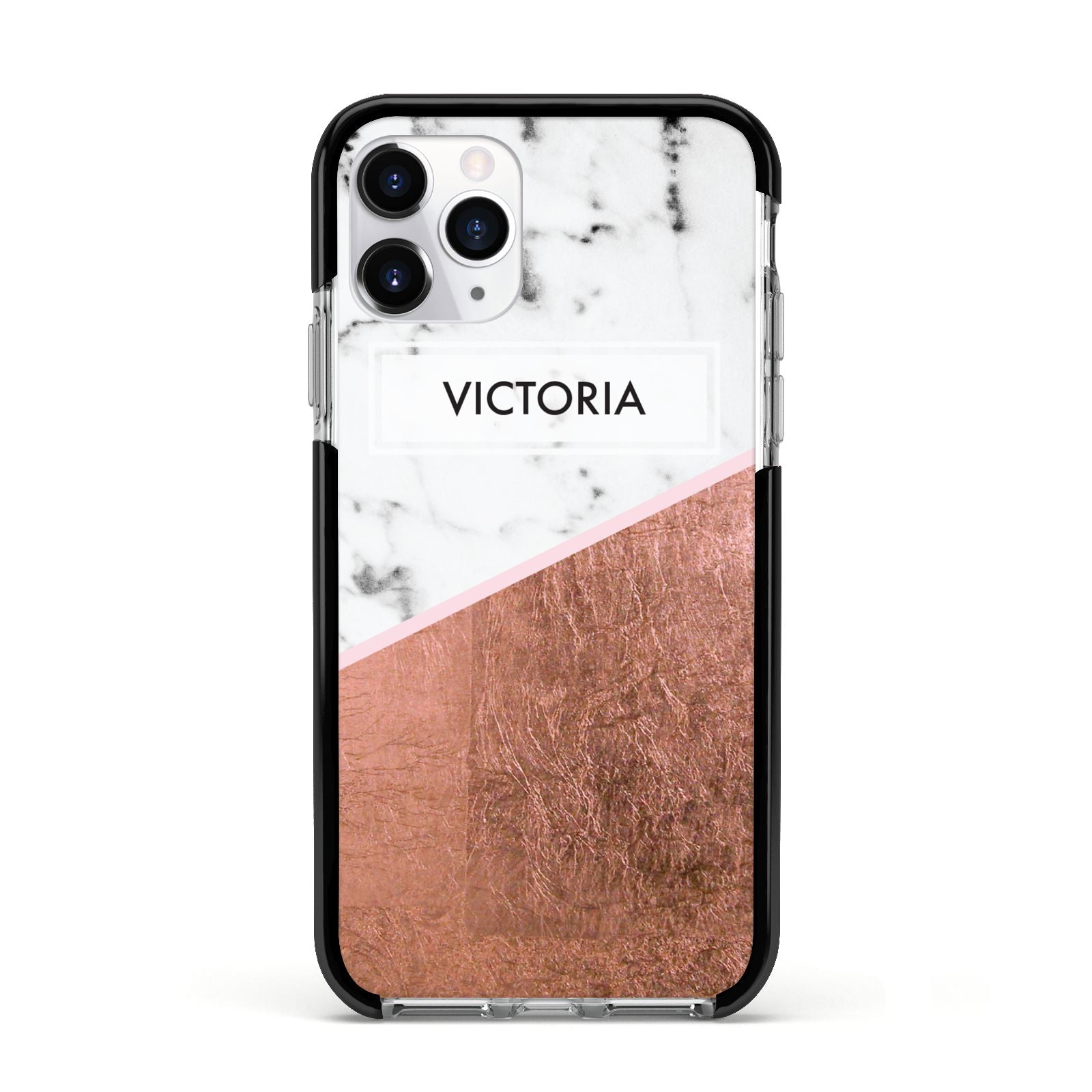 Personalised Marble Rose Gold Name Initials Apple iPhone 11 Pro in Silver with Black Impact Case