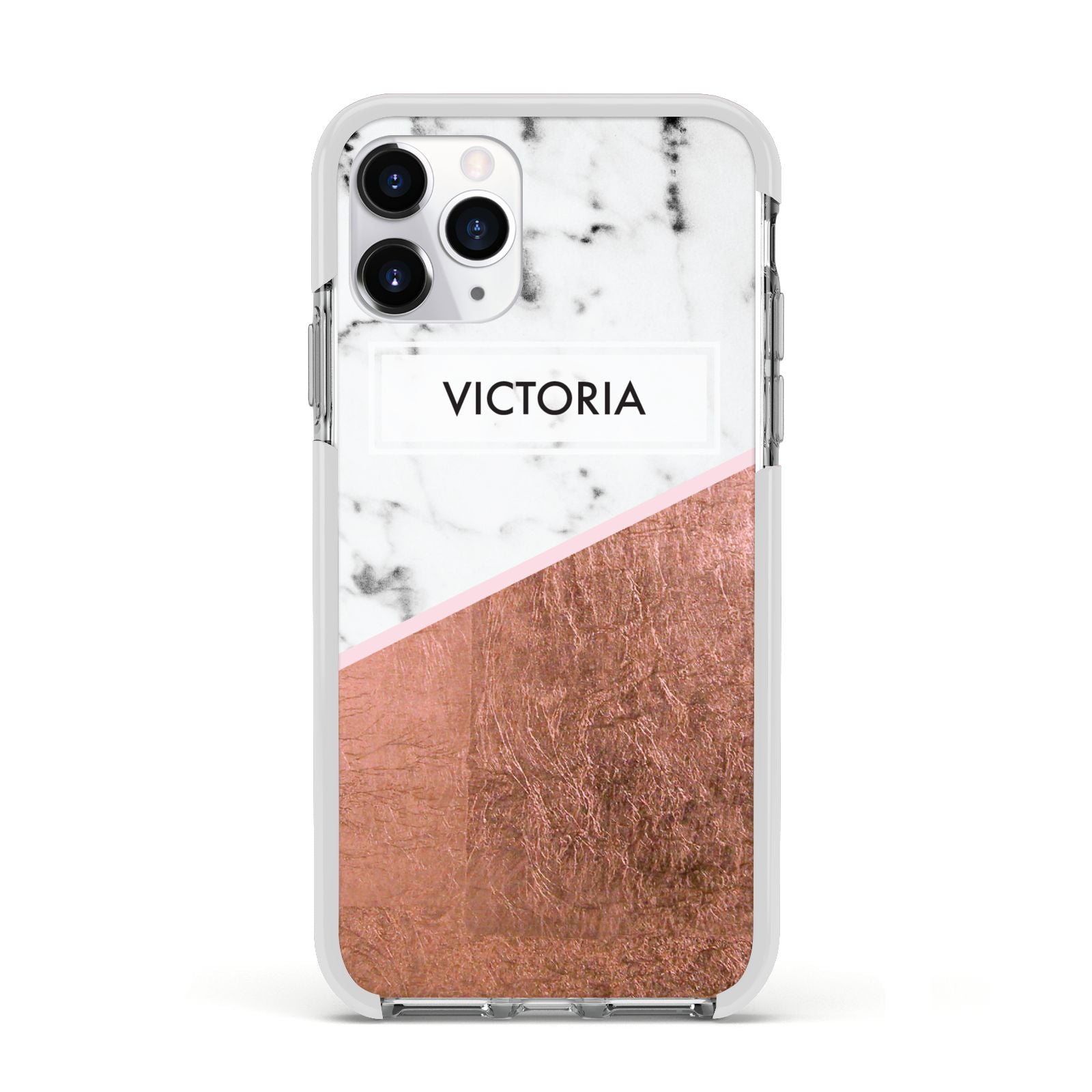 Personalised Marble Rose Gold Name Initials Apple iPhone 11 Pro in Silver with White Impact Case