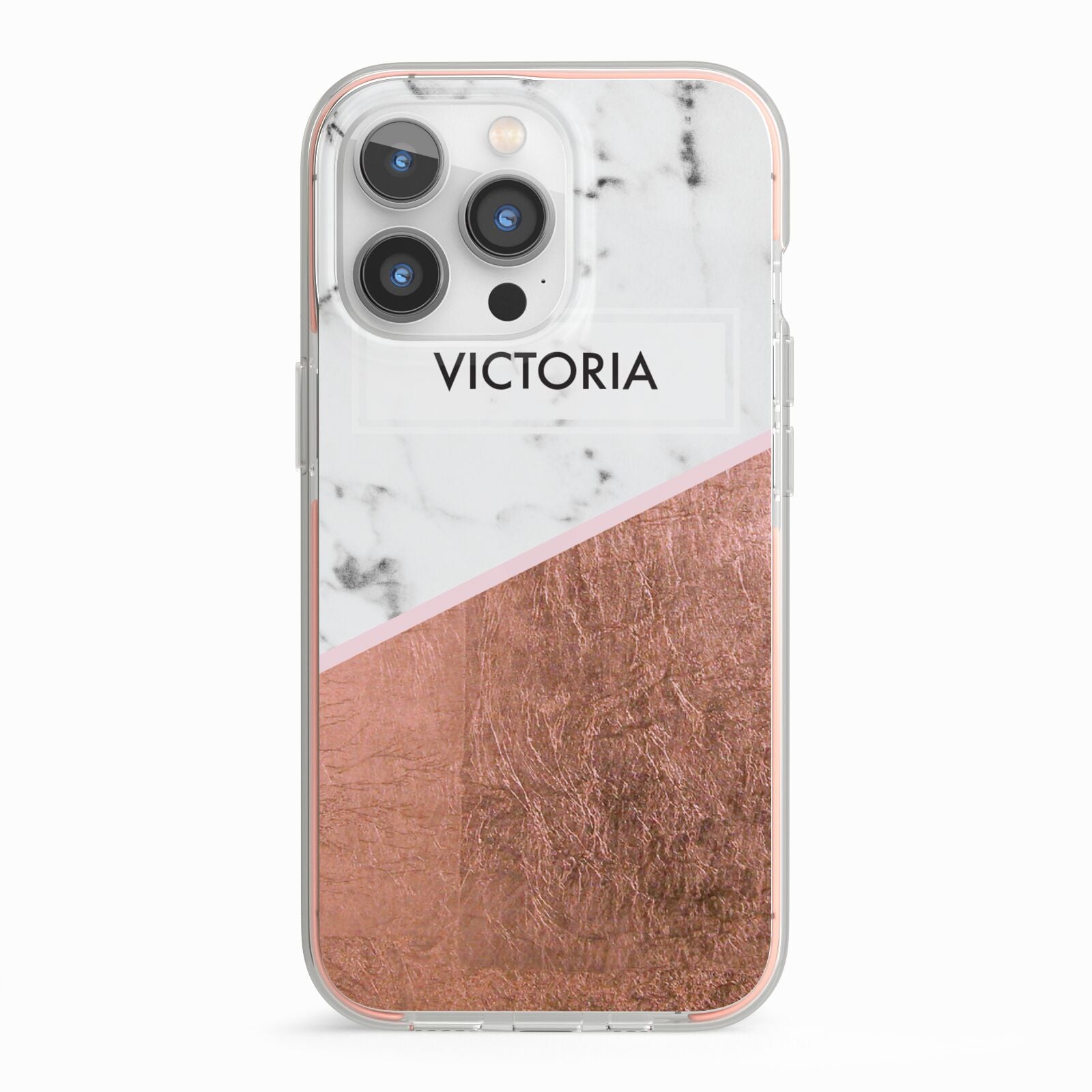 Personalised Marble Rose Gold Name Initials iPhone 13 Pro TPU Impact Case with Pink Edges