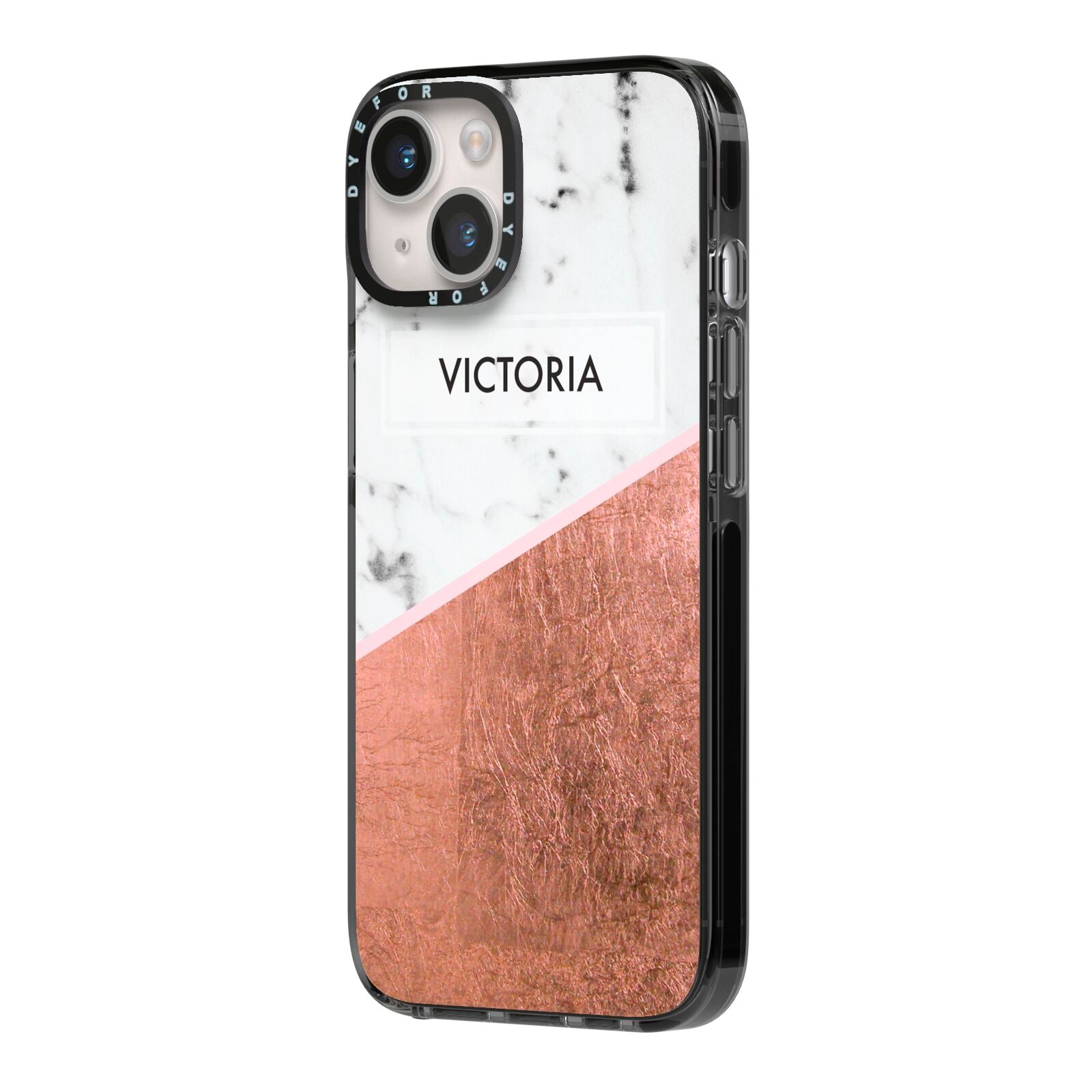 Personalised Marble Rose Gold Name Initials iPhone 14 Black Impact Case Side Angle on Silver phone