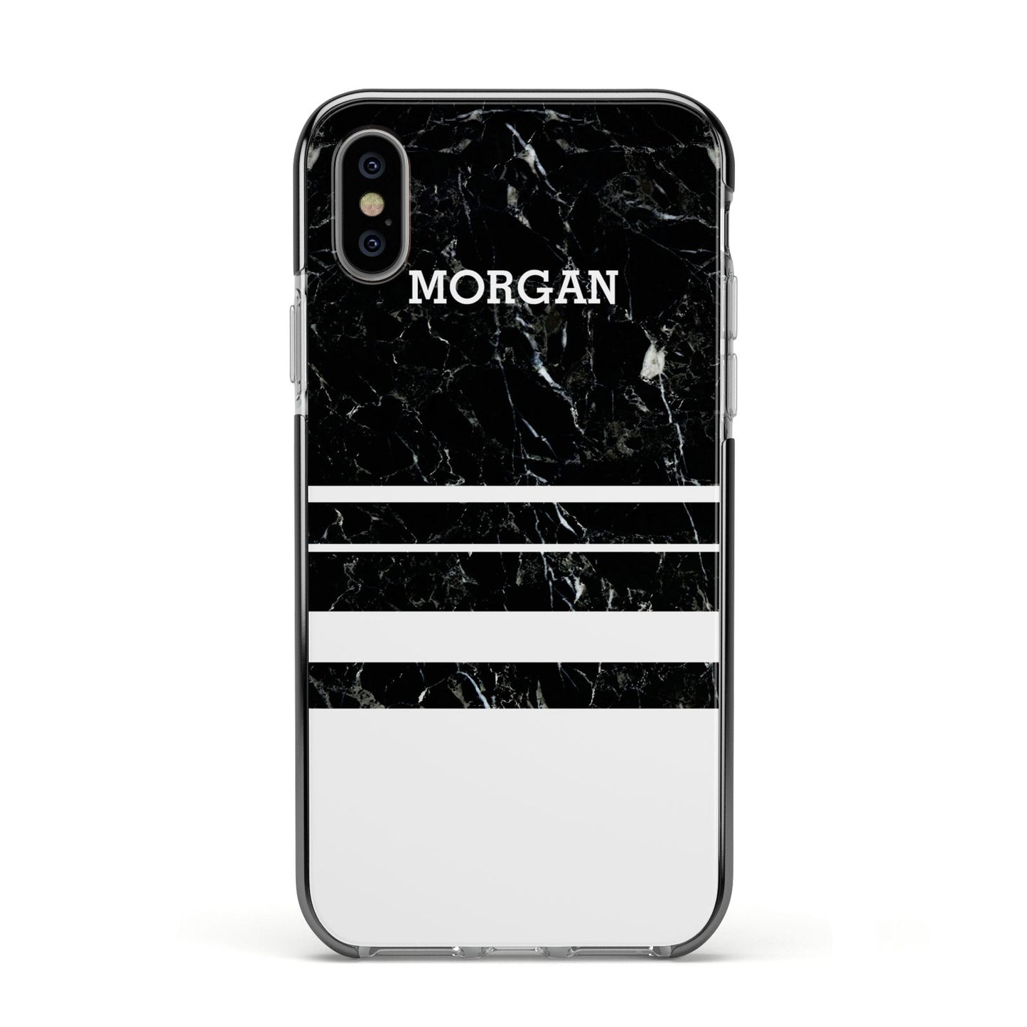 Personalised Marble Stripes Name Initials Apple iPhone Xs Impact Case Black Edge on Silver Phone