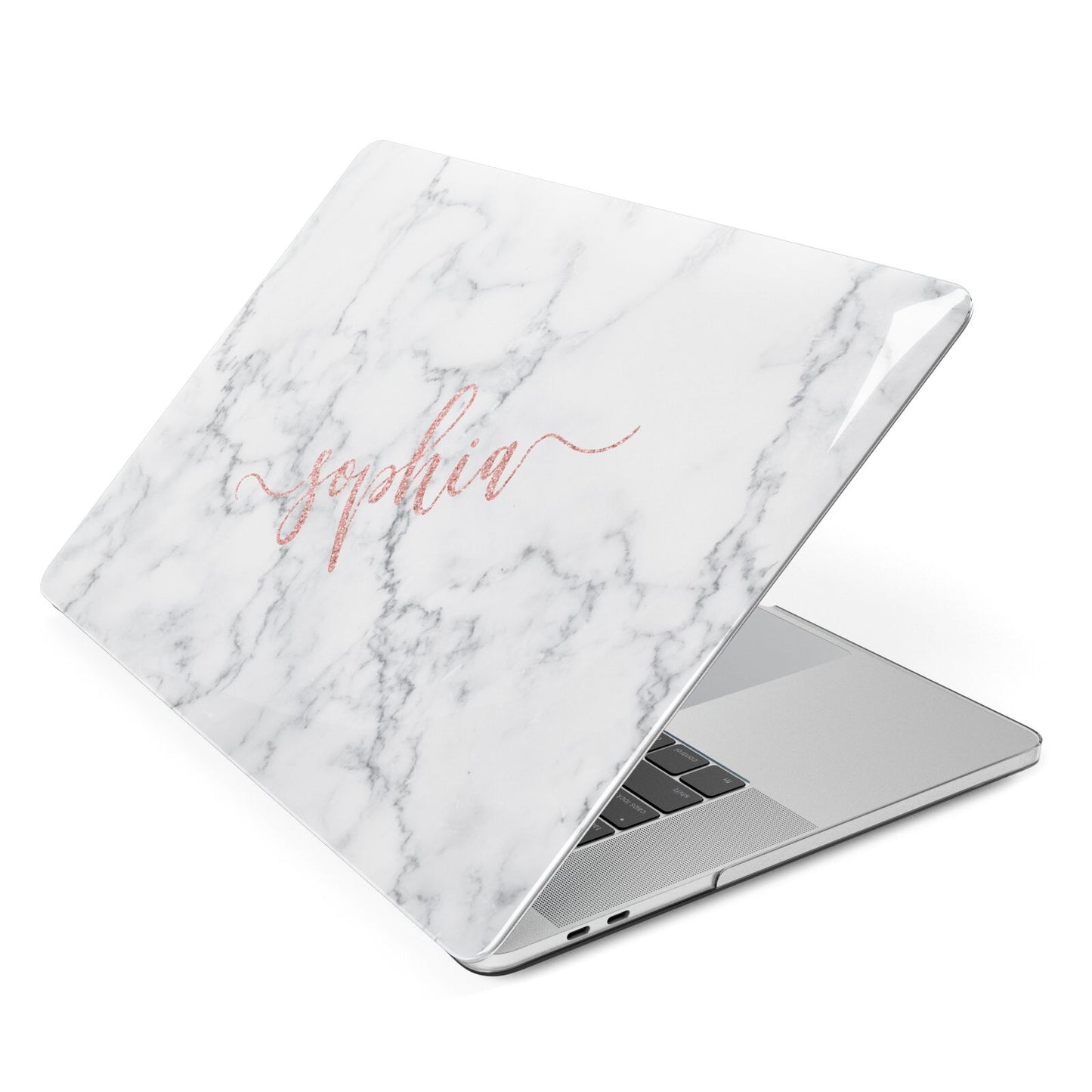 Personalised Marble with Pink Glitter Text Apple MacBook Case Side View