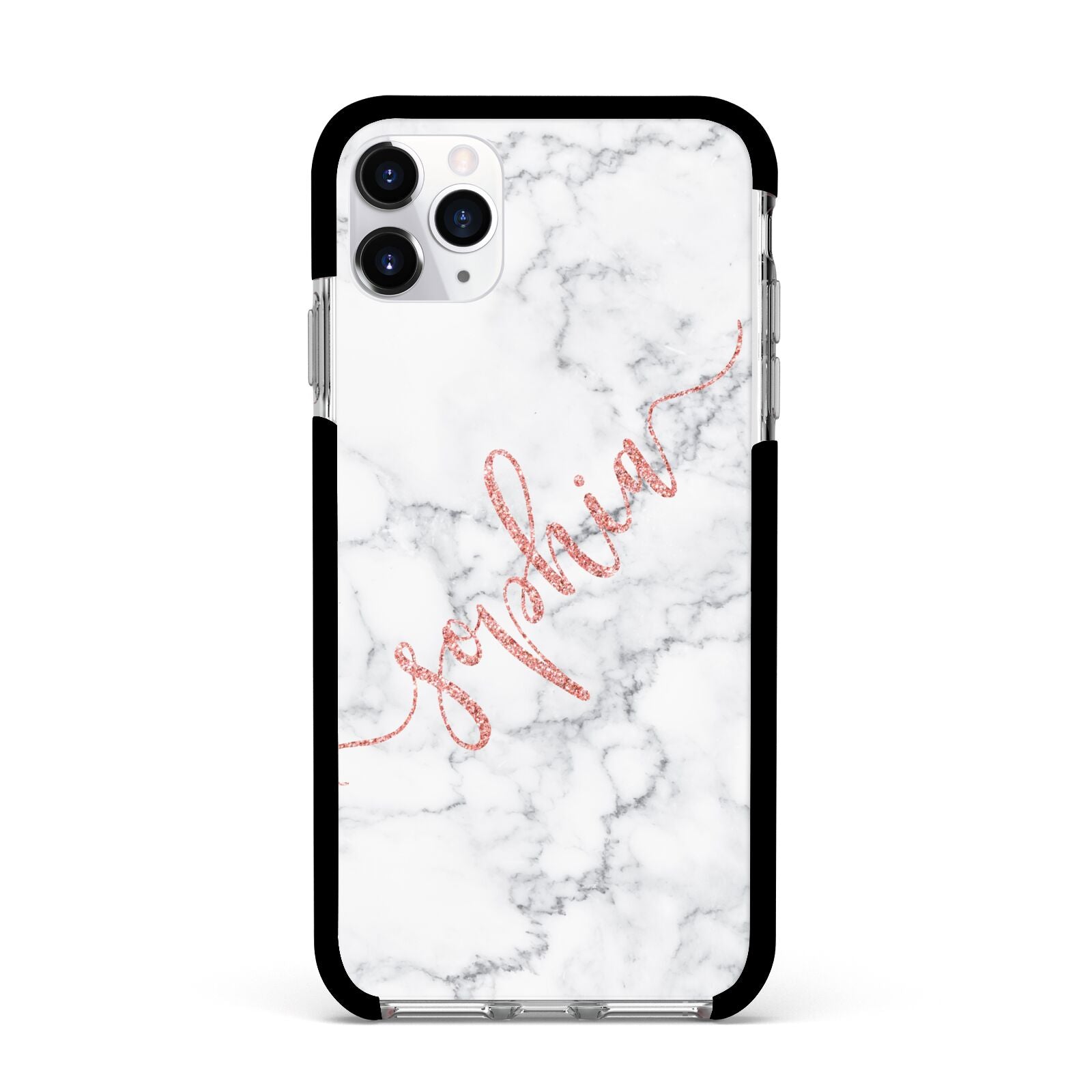 Personalised Marble with Pink Glitter Text Apple iPhone 11 Pro Max in Silver with Black Impact Case