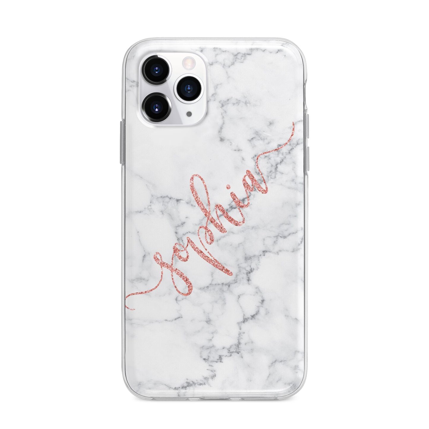 Personalised Marble with Pink Glitter Text Apple iPhone 11 Pro Max in Silver with Bumper Case