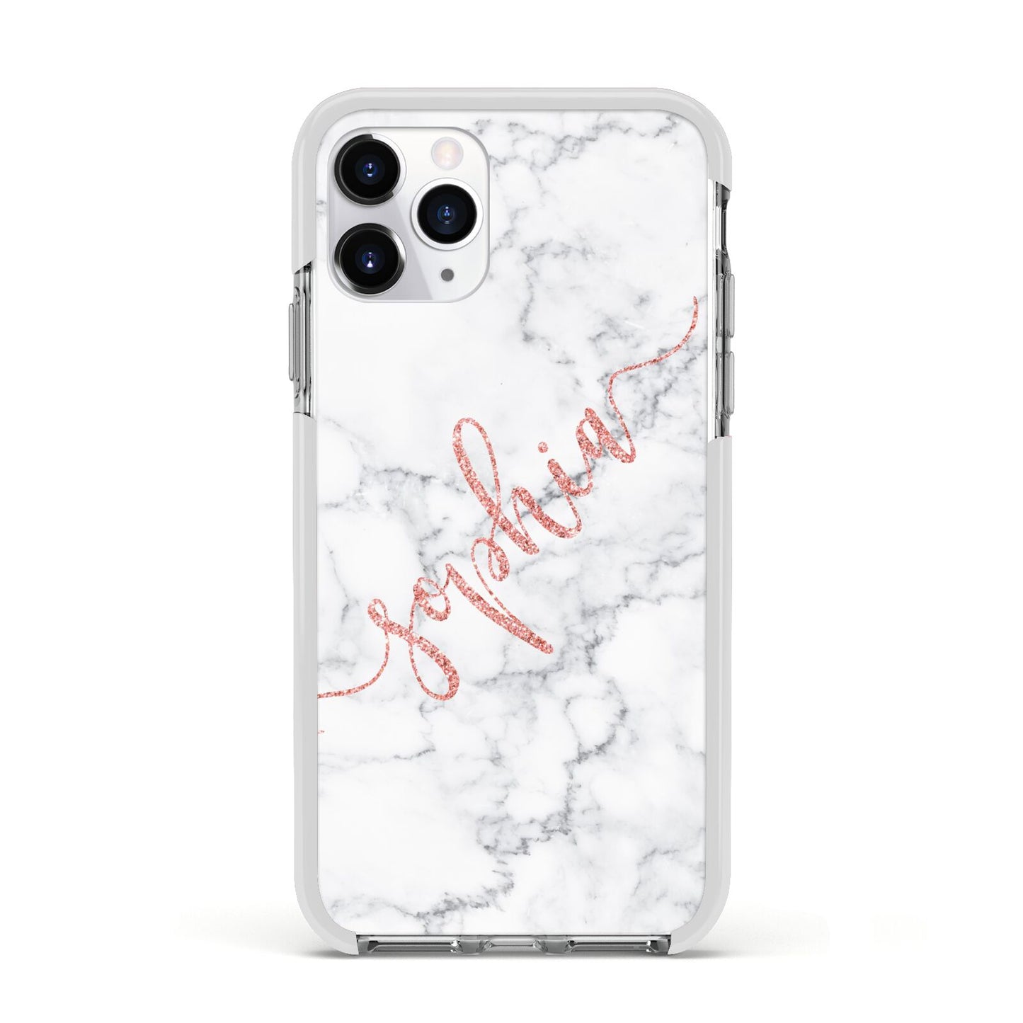 Personalised Marble with Pink Glitter Text Apple iPhone 11 Pro in Silver with White Impact Case