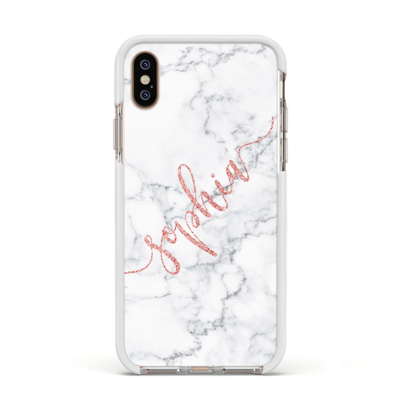 Personalised Marble with Pink Glitter Text Apple iPhone Xs Impact Case White Edge on Gold Phone