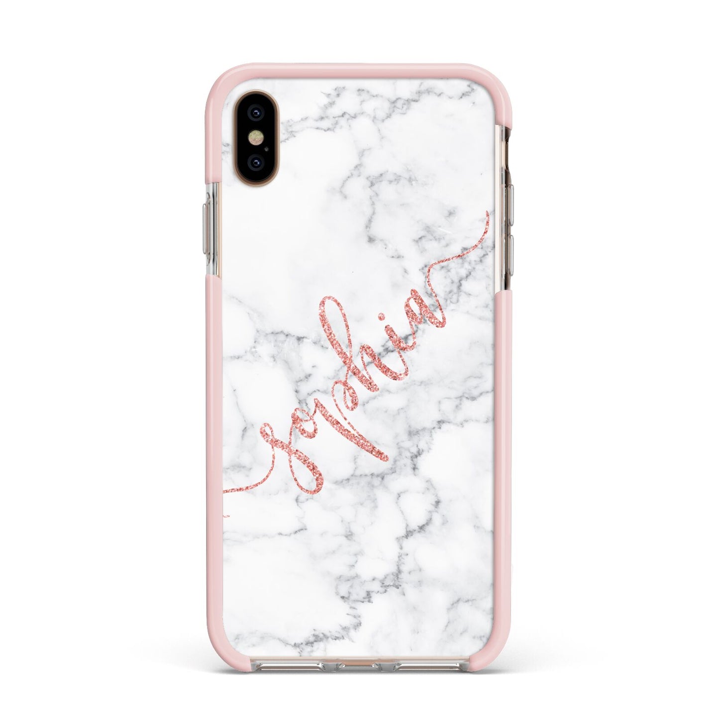 Personalised Marble with Pink Glitter Text Apple iPhone Xs Max Impact Case Pink Edge on Gold Phone