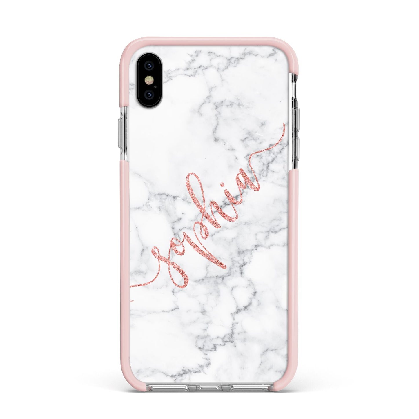 Personalised Marble with Pink Glitter Text Apple iPhone Xs Max Impact Case Pink Edge on Silver Phone