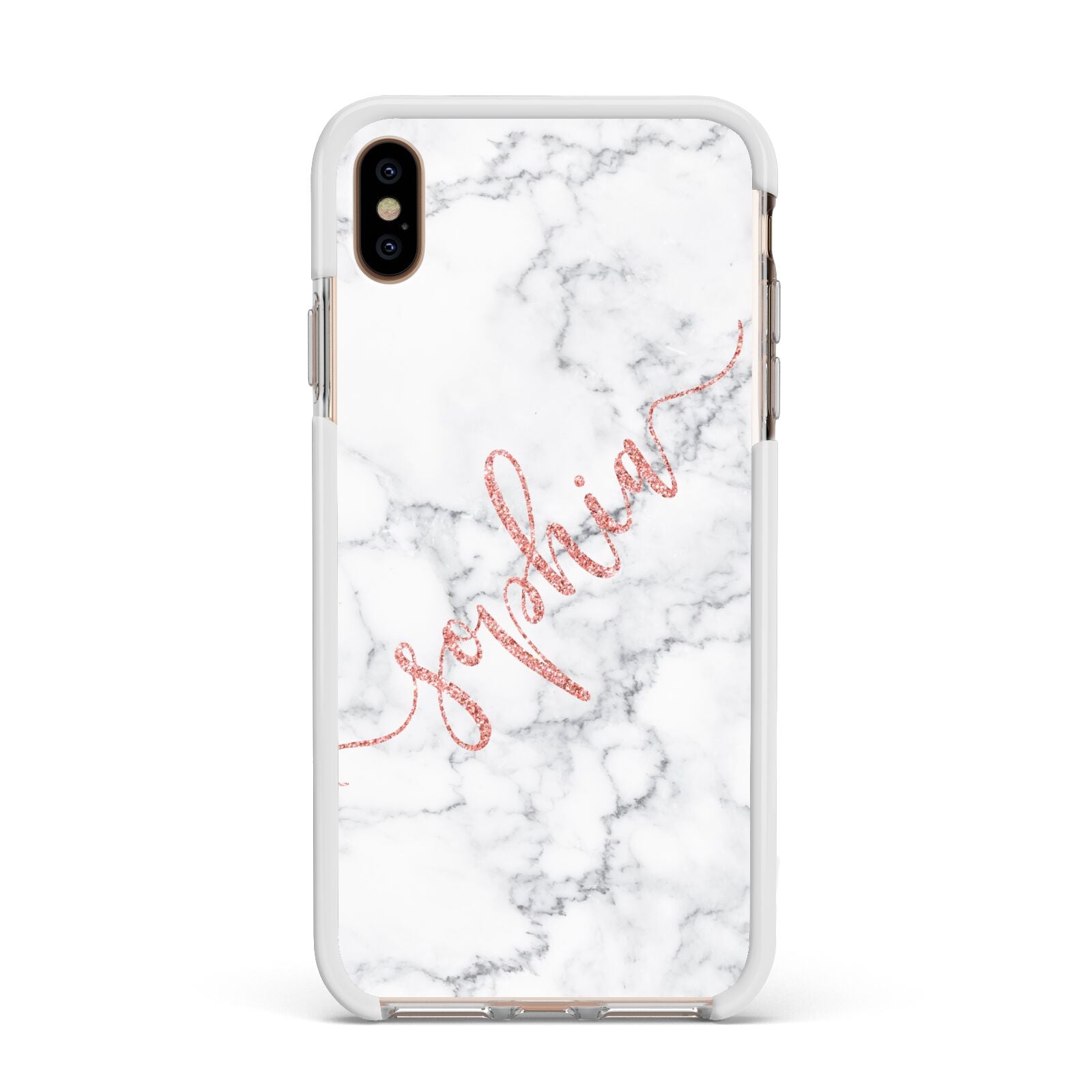 Personalised Marble with Pink Glitter Text Apple iPhone Xs Max Impact Case White Edge on Gold Phone