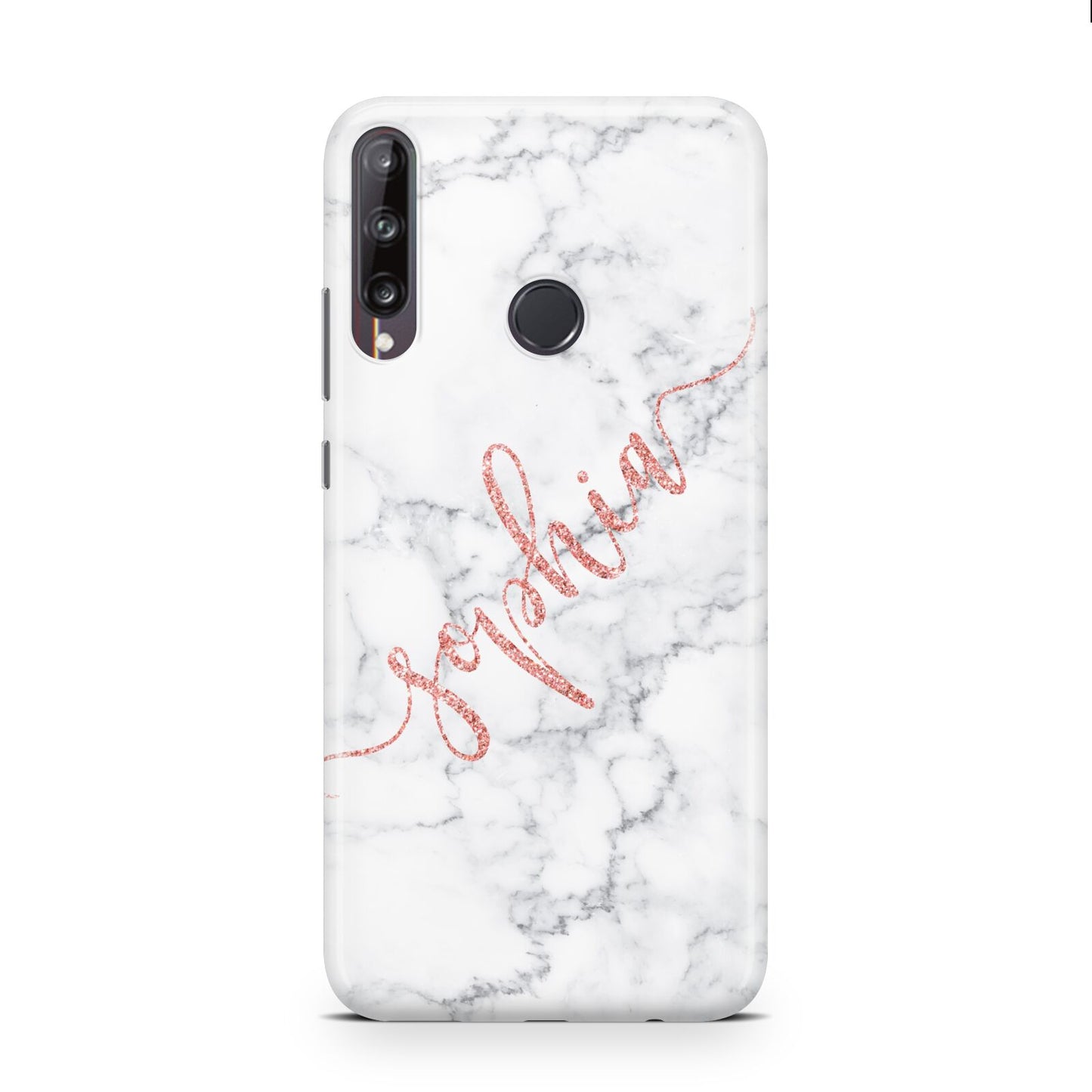 Personalised Marble with Pink Glitter Text Huawei P40 Lite E Phone Case