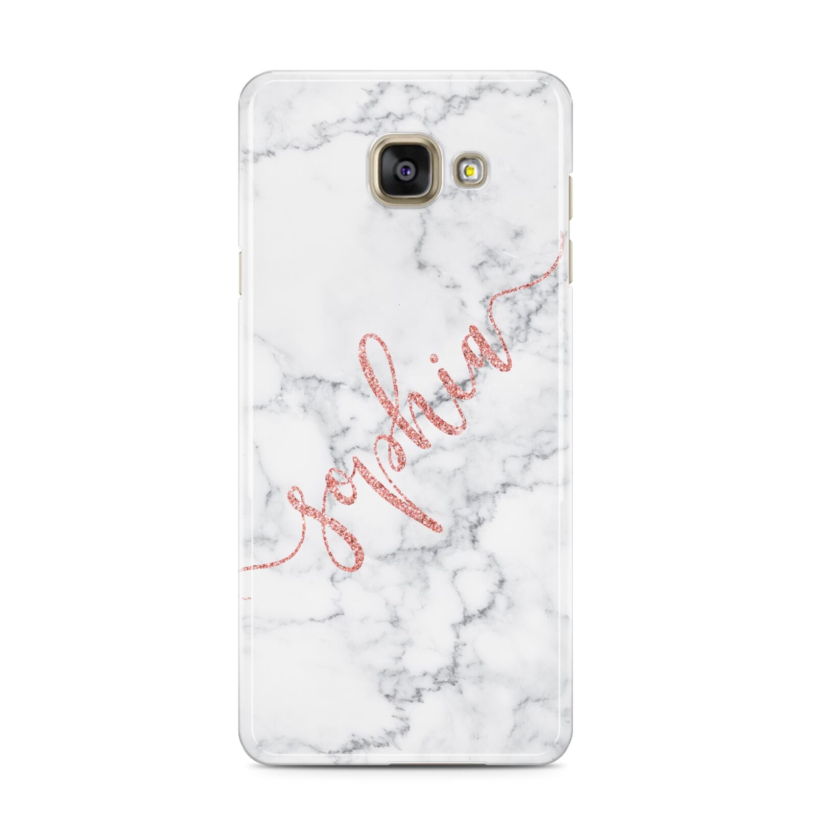 Personalised Marble with Pink Glitter Text Samsung Galaxy A3 2016 Case on gold phone