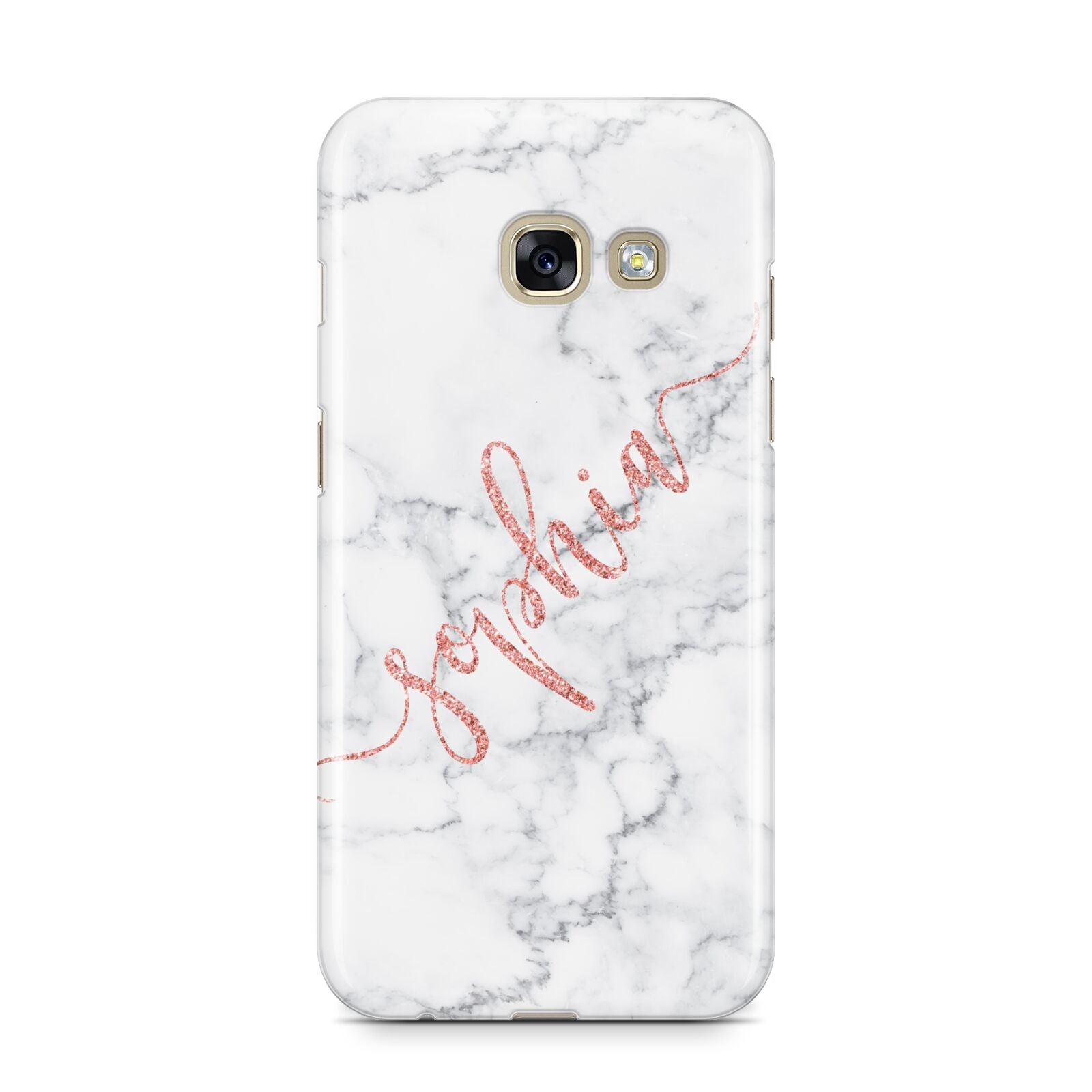 Personalised Marble with Pink Glitter Text Samsung Galaxy A3 2017 Case on gold phone