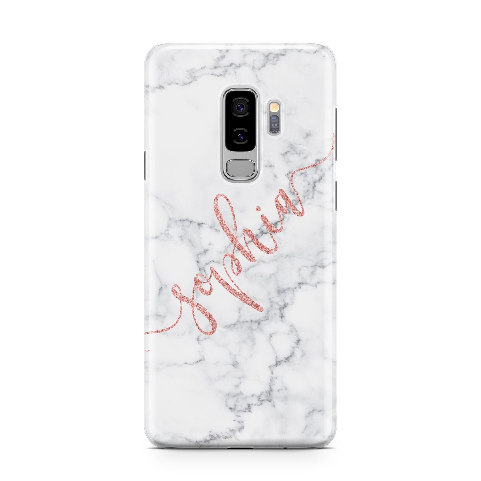 Personalised Marble with Pink Glitter Text Samsung Galaxy S9 Plus Case on Silver phone