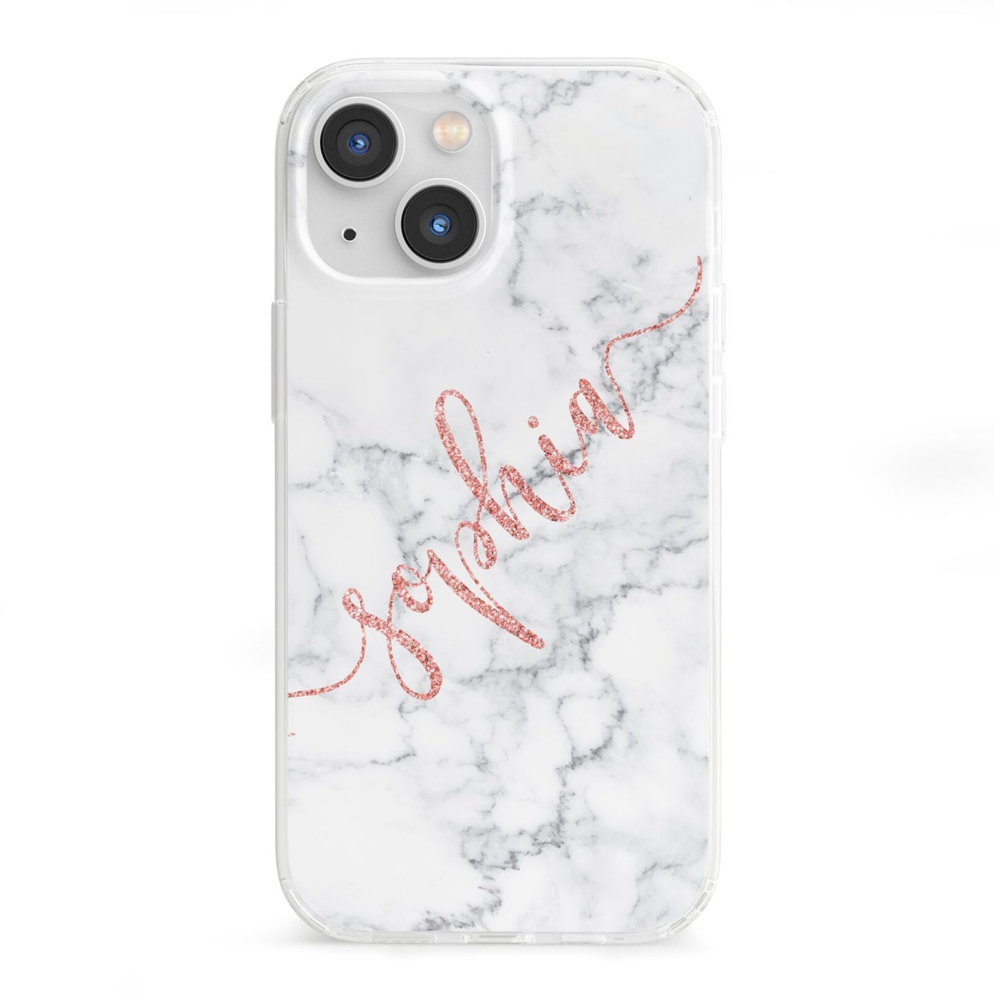 Personalised Marble with Pink Glitter Text iPhone 13 Mini Clear Bumper Case