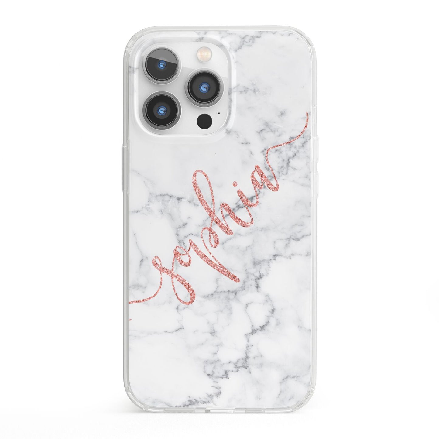 Personalised Marble with Pink Glitter Text iPhone 13 Pro Clear Bumper Case