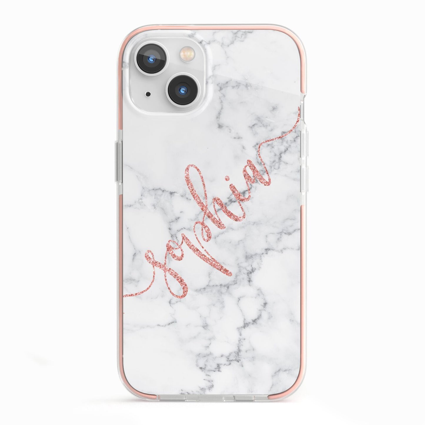 Personalised Marble with Pink Glitter Text iPhone 13 TPU Impact Case with Pink Edges