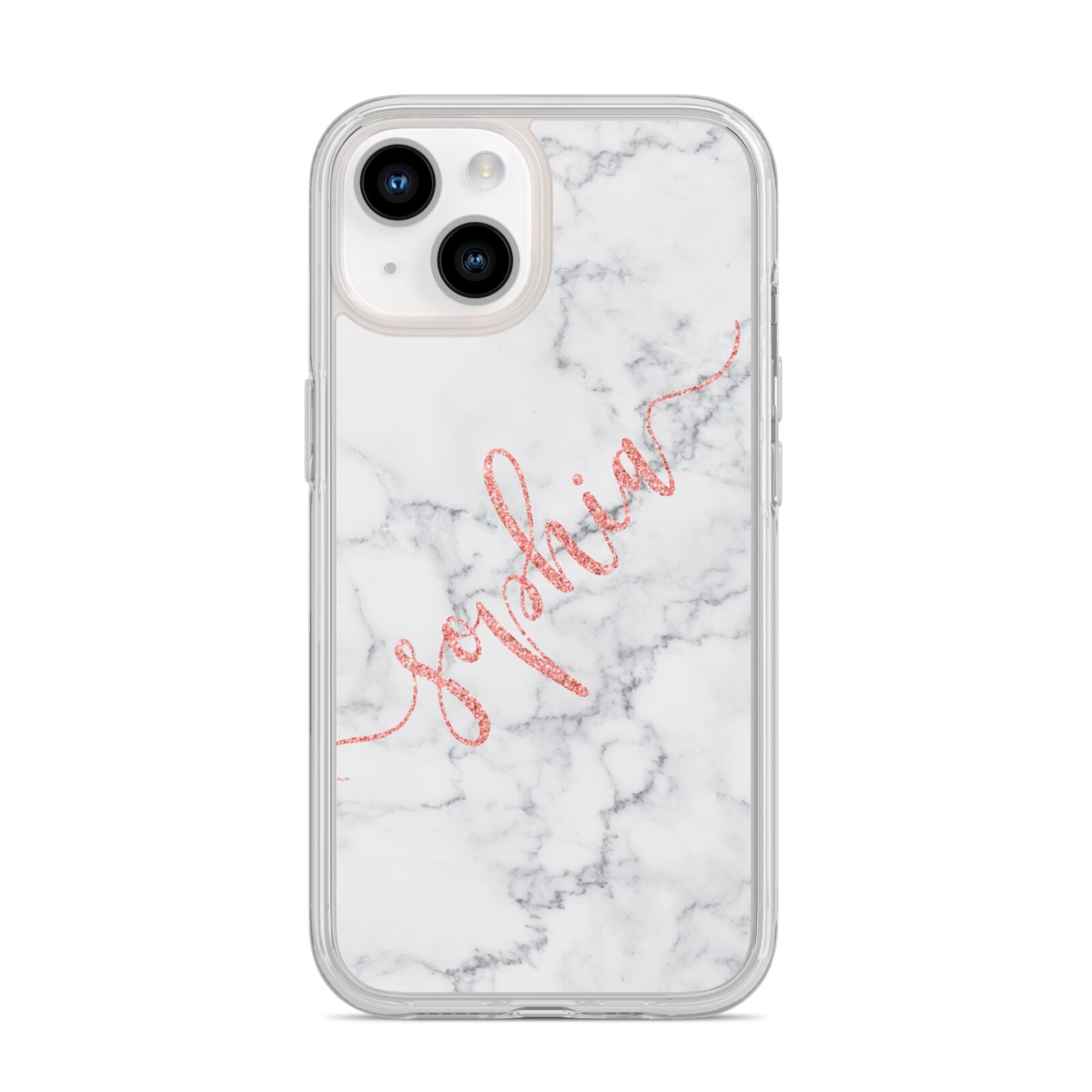 Personalised Marble with Pink Glitter Text iPhone 14 Clear Tough Case Starlight