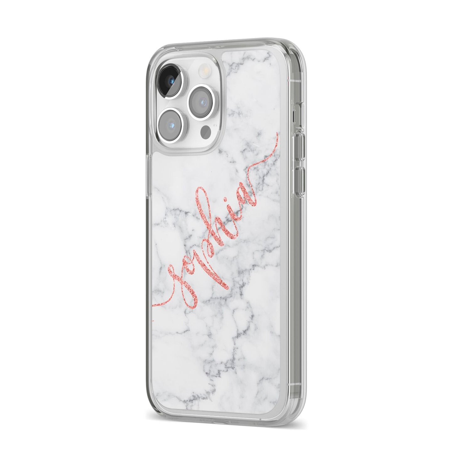 Personalised Marble with Pink Glitter Text iPhone 14 Pro Max Clear Tough Case Silver Angled Image