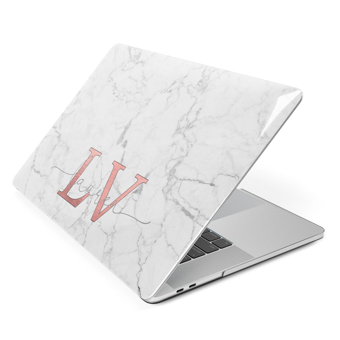 Personalised Marble with Rose Gold Initials Apple MacBook Case Side View