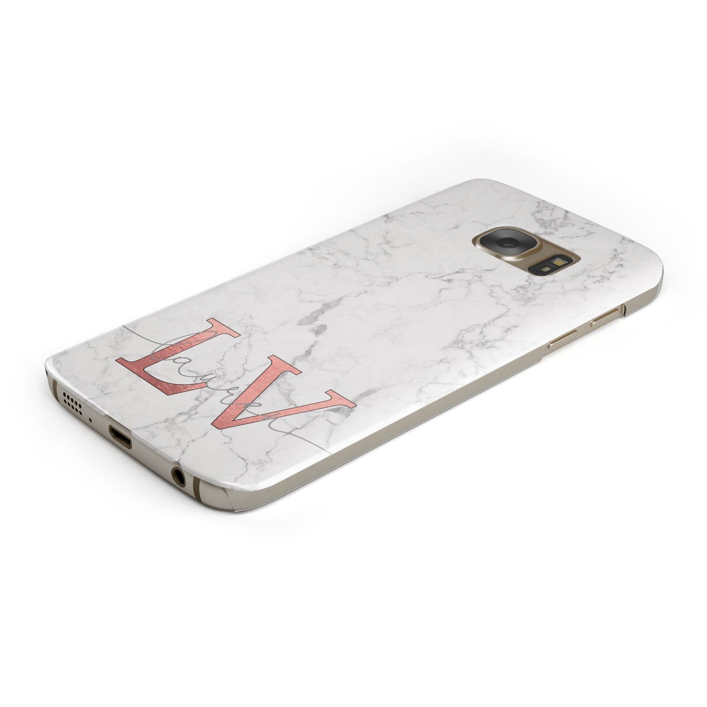 Personalised Marble with Rose Gold Initials Protective Samsung Galaxy Case Angled Image