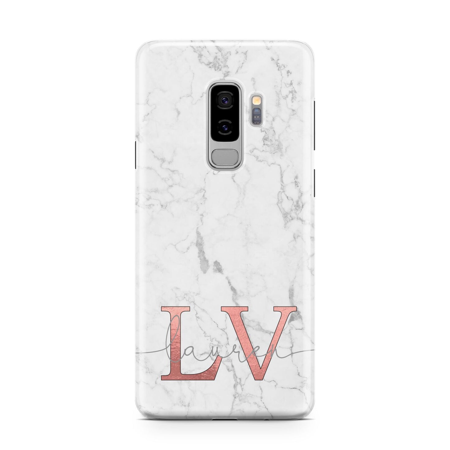 Personalised Marble with Rose Gold Initials Samsung Galaxy S9 Plus Case on Silver phone