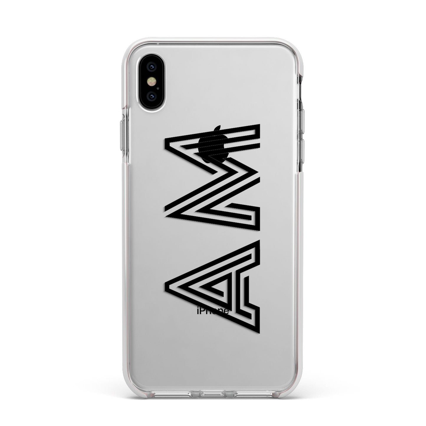 Personalised Maze Initials Clear Custom Black Apple iPhone Xs Max Impact Case White Edge on Silver Phone