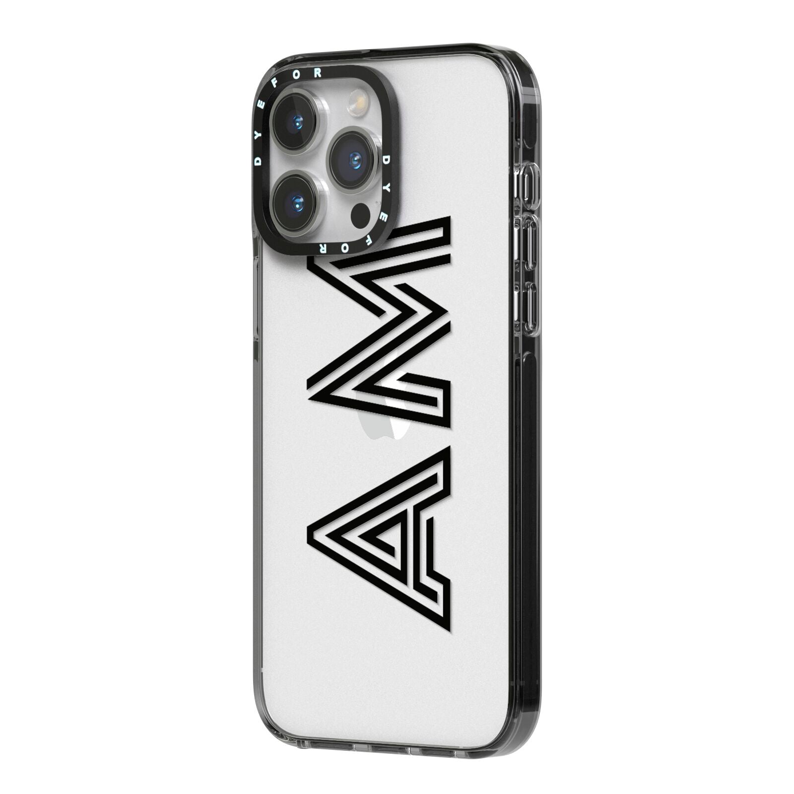 Personalised Maze Initials Clear Custom Black iPhone 14 Pro Max Black Impact Case Side Angle on Silver phone