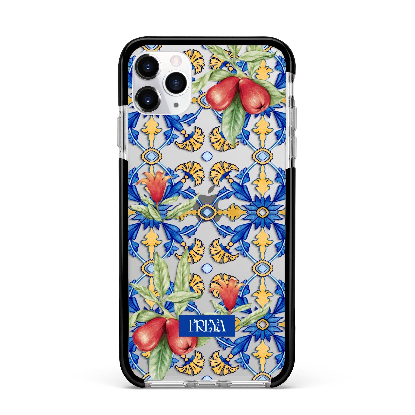 Personalised Mediterranean Fruit and Tiles Apple iPhone 11 Pro Max in Silver with Black Impact Case