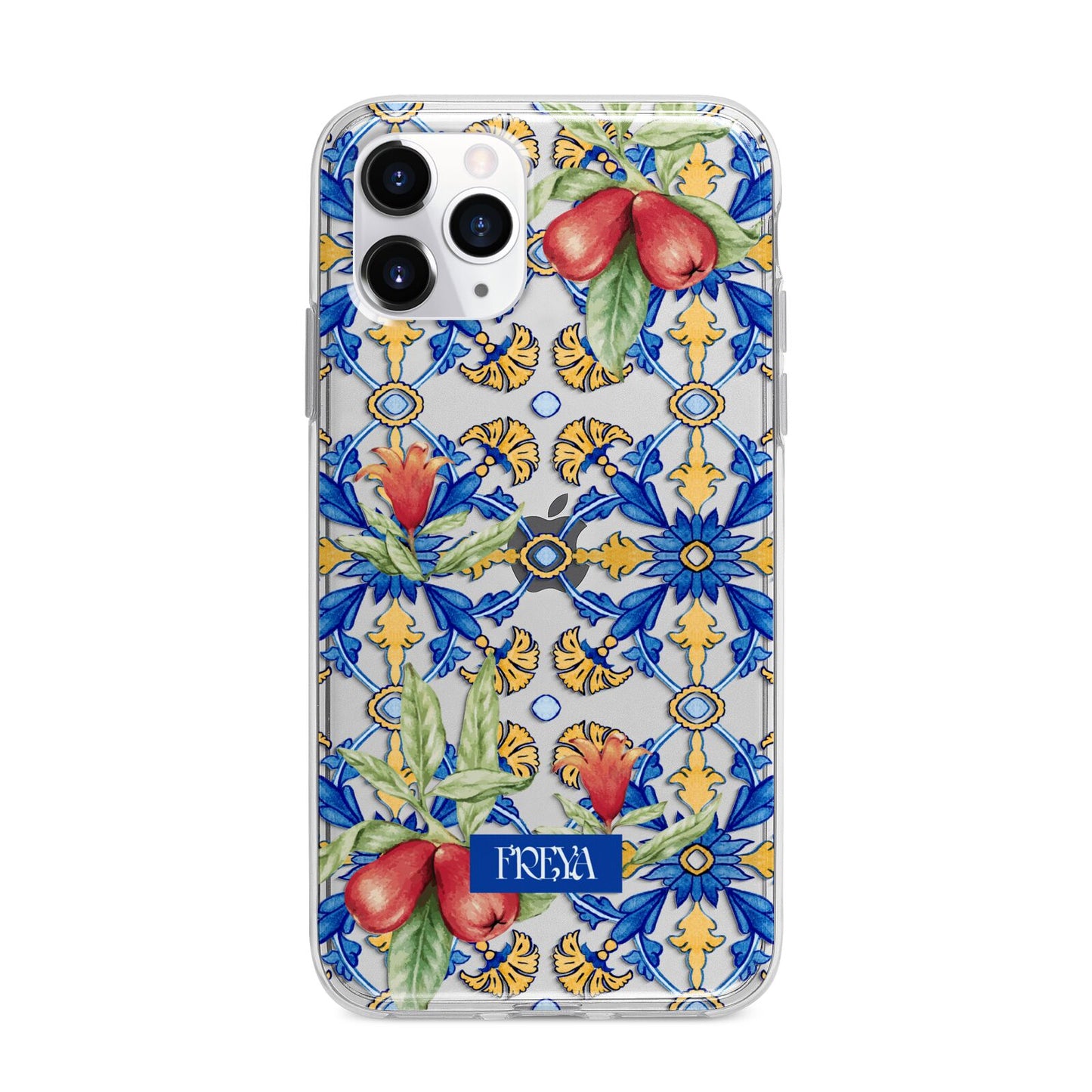 Personalised Mediterranean Fruit and Tiles Apple iPhone 11 Pro Max in Silver with Bumper Case