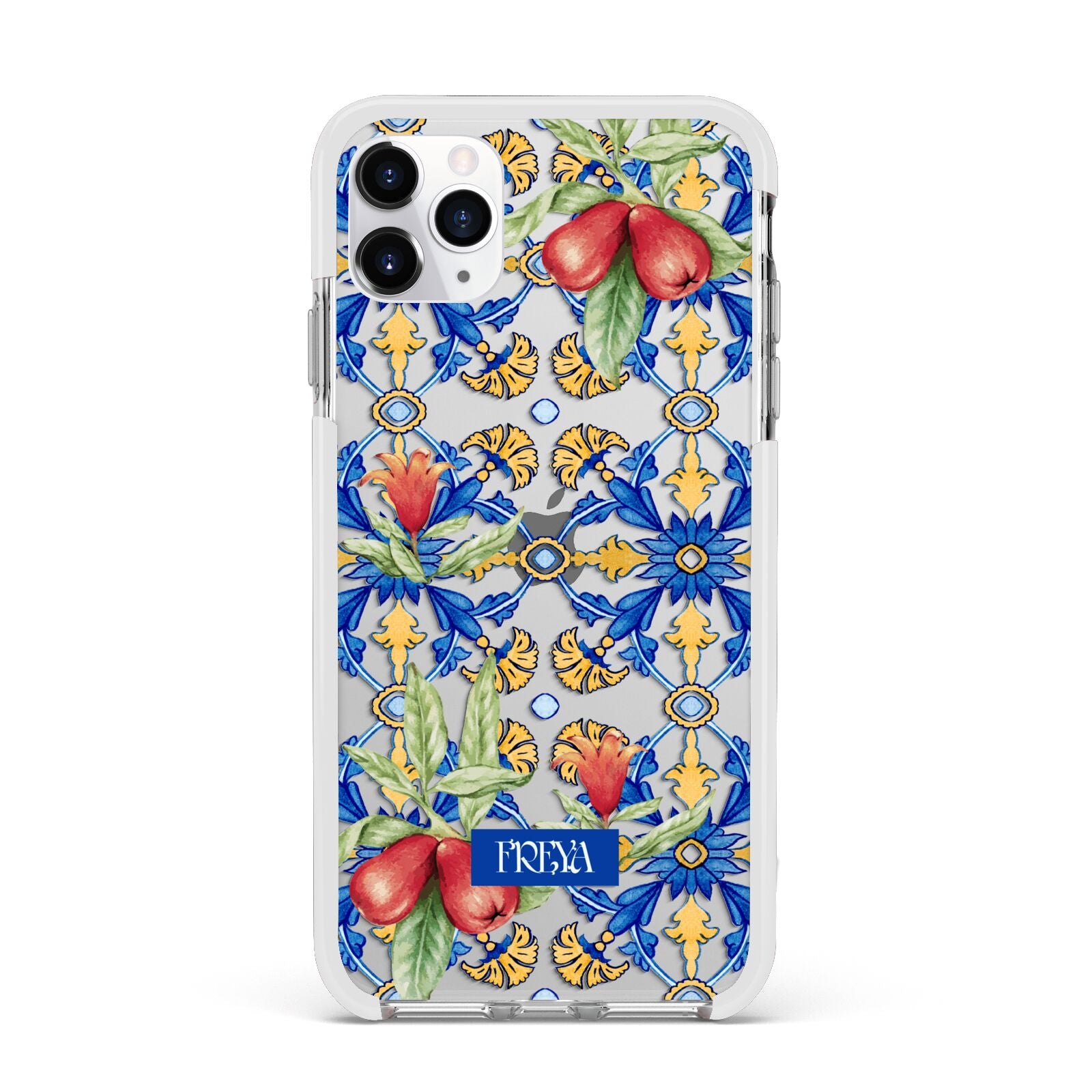 Personalised Mediterranean Fruit and Tiles Apple iPhone 11 Pro Max in Silver with White Impact Case