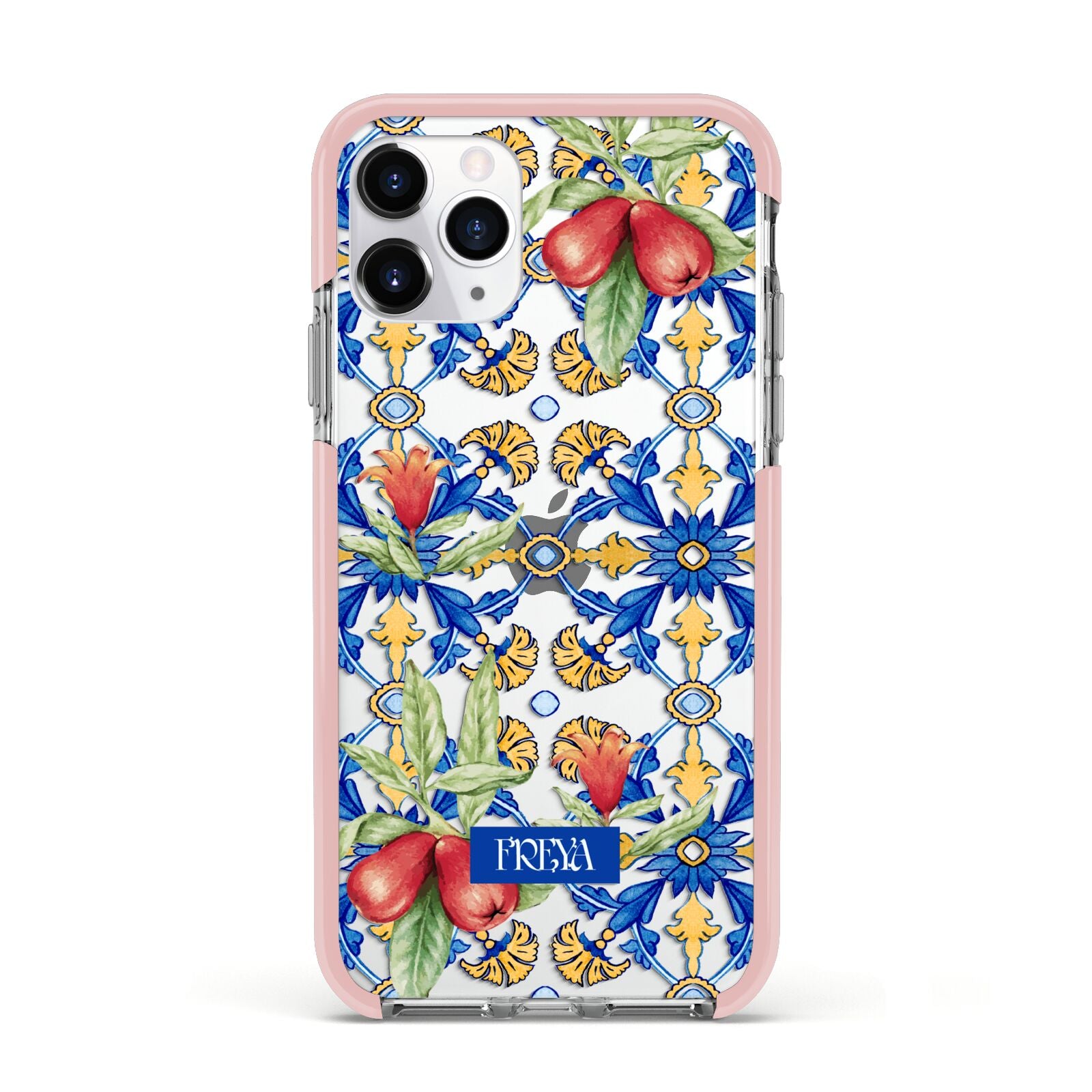 Personalised Mediterranean Fruit and Tiles Apple iPhone 11 Pro in Silver with Pink Impact Case