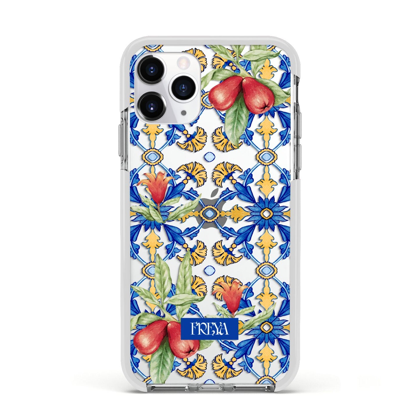 Personalised Mediterranean Fruit and Tiles Apple iPhone 11 Pro in Silver with White Impact Case