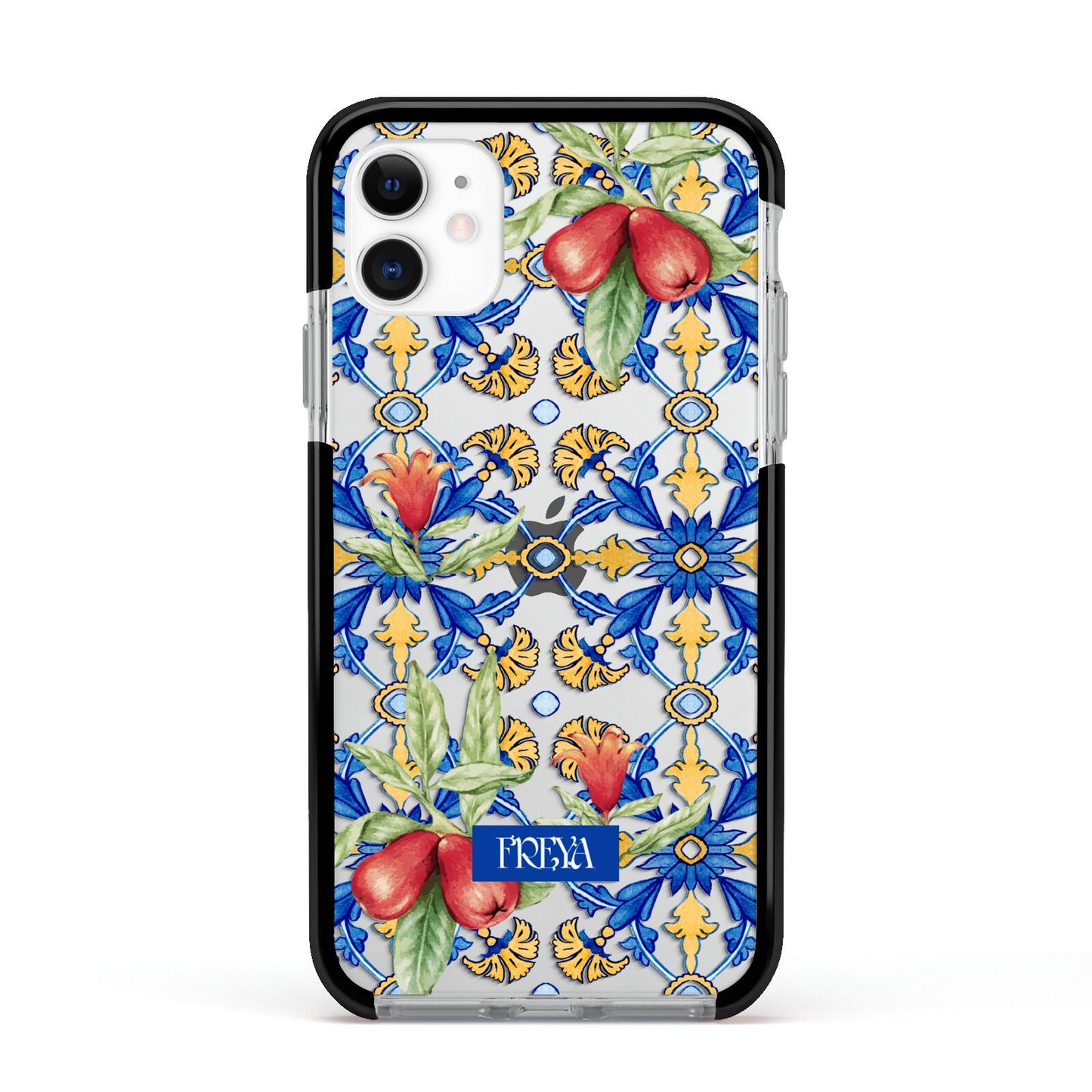 Personalised Mediterranean Fruit and Tiles Apple iPhone 11 in White with Black Impact Case