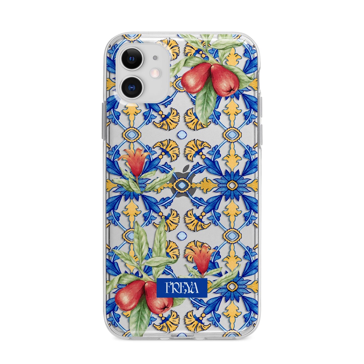 Personalised Mediterranean Fruit and Tiles Apple iPhone 11 in White with Bumper Case