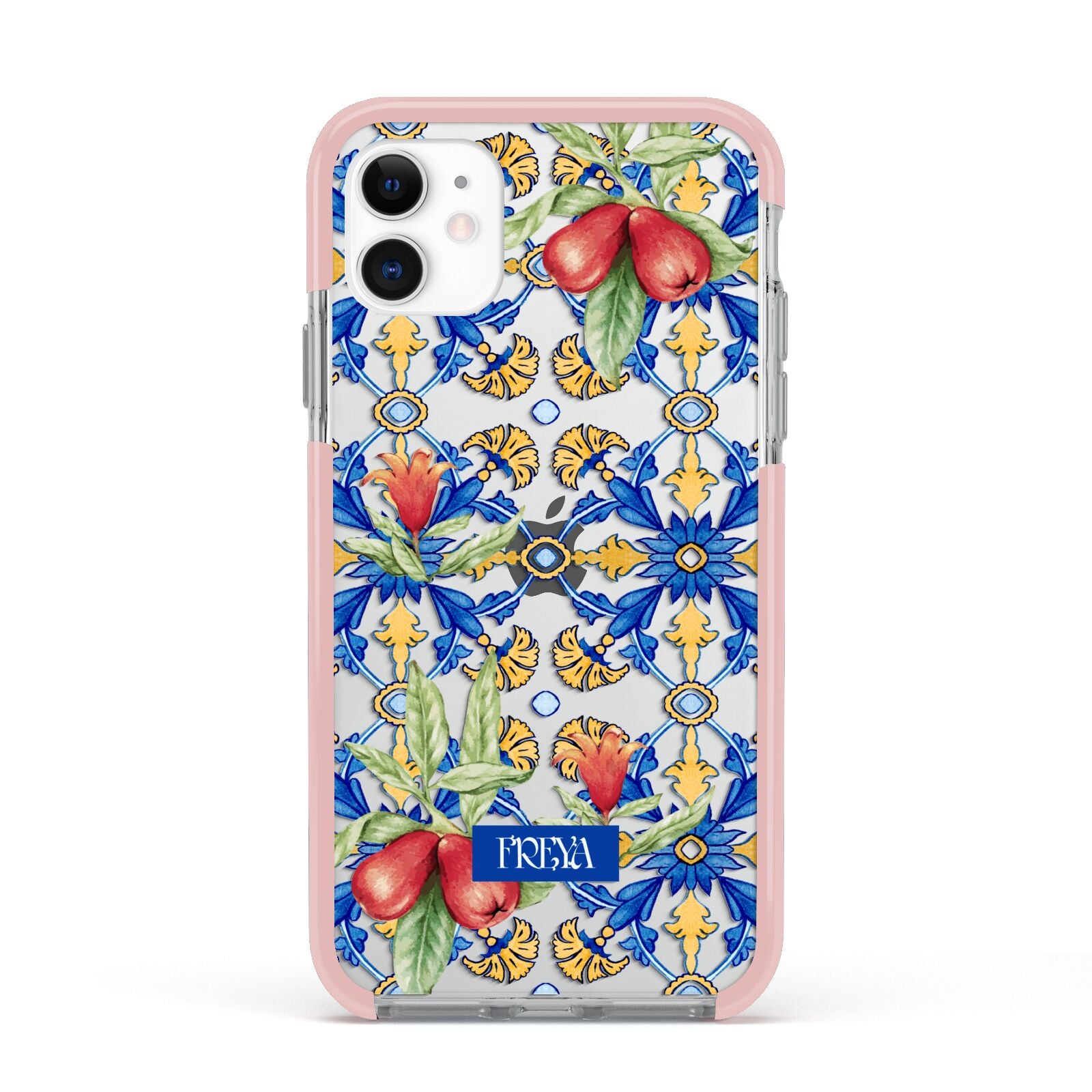 Personalised Mediterranean Fruit and Tiles Apple iPhone 11 in White with Pink Impact Case