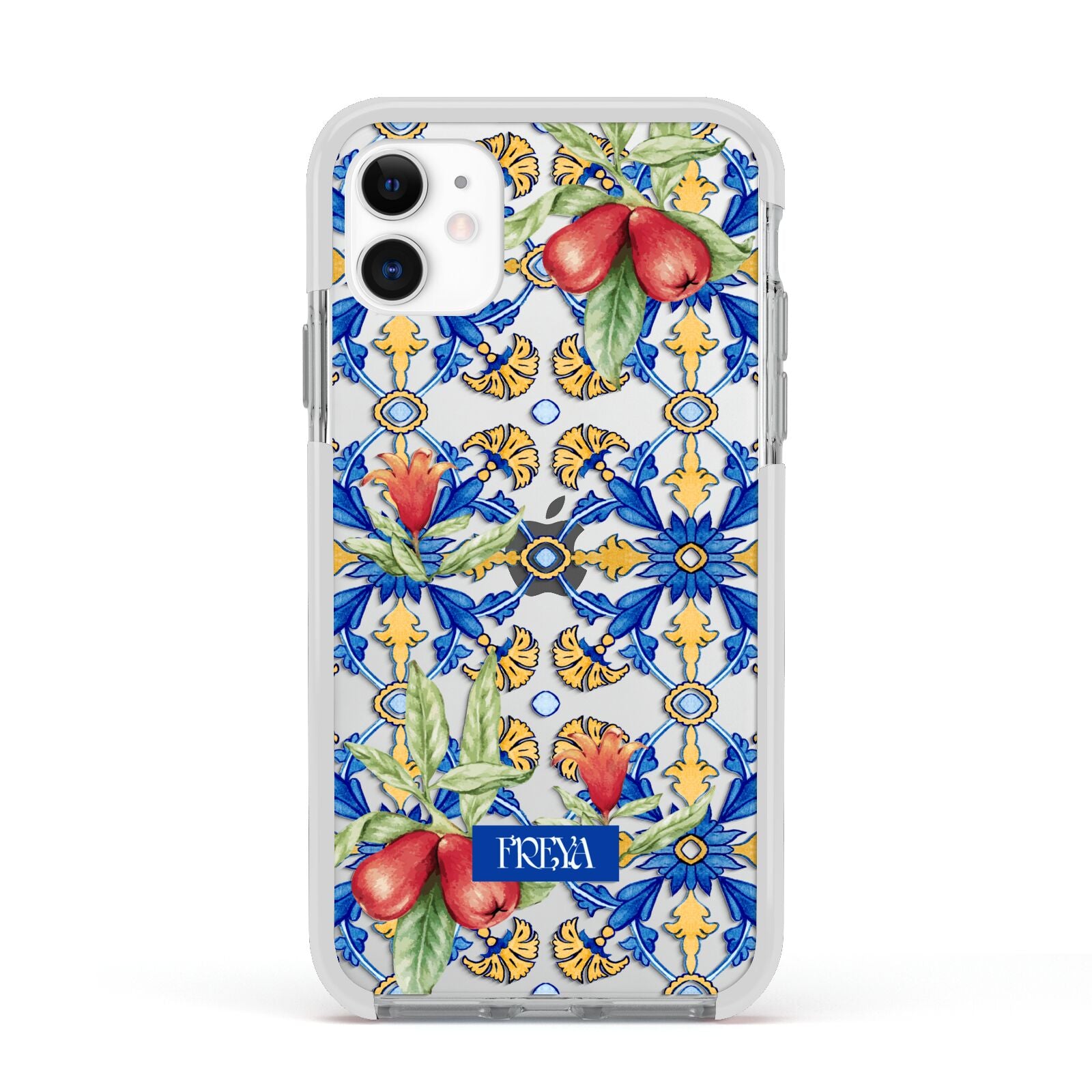 Personalised Mediterranean Fruit and Tiles Apple iPhone 11 in White with White Impact Case