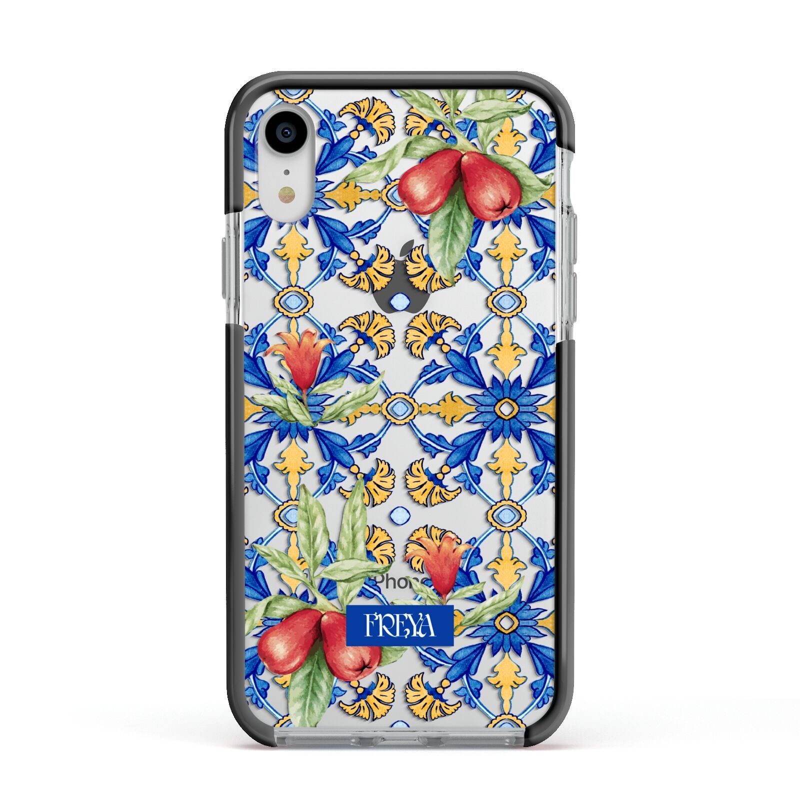 Personalised Mediterranean Fruit and Tiles Apple iPhone XR Impact Case Black Edge on Silver Phone