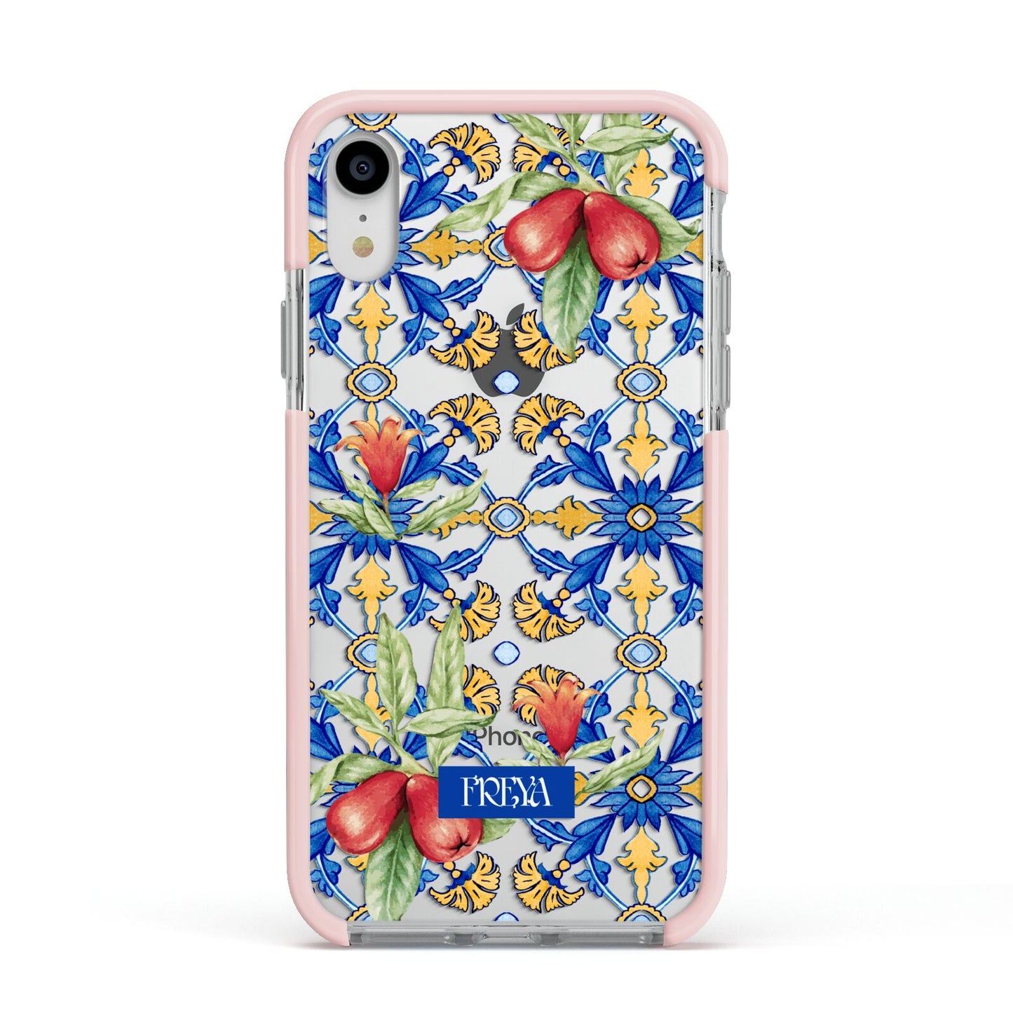 Personalised Mediterranean Fruit and Tiles Apple iPhone XR Impact Case Pink Edge on Silver Phone