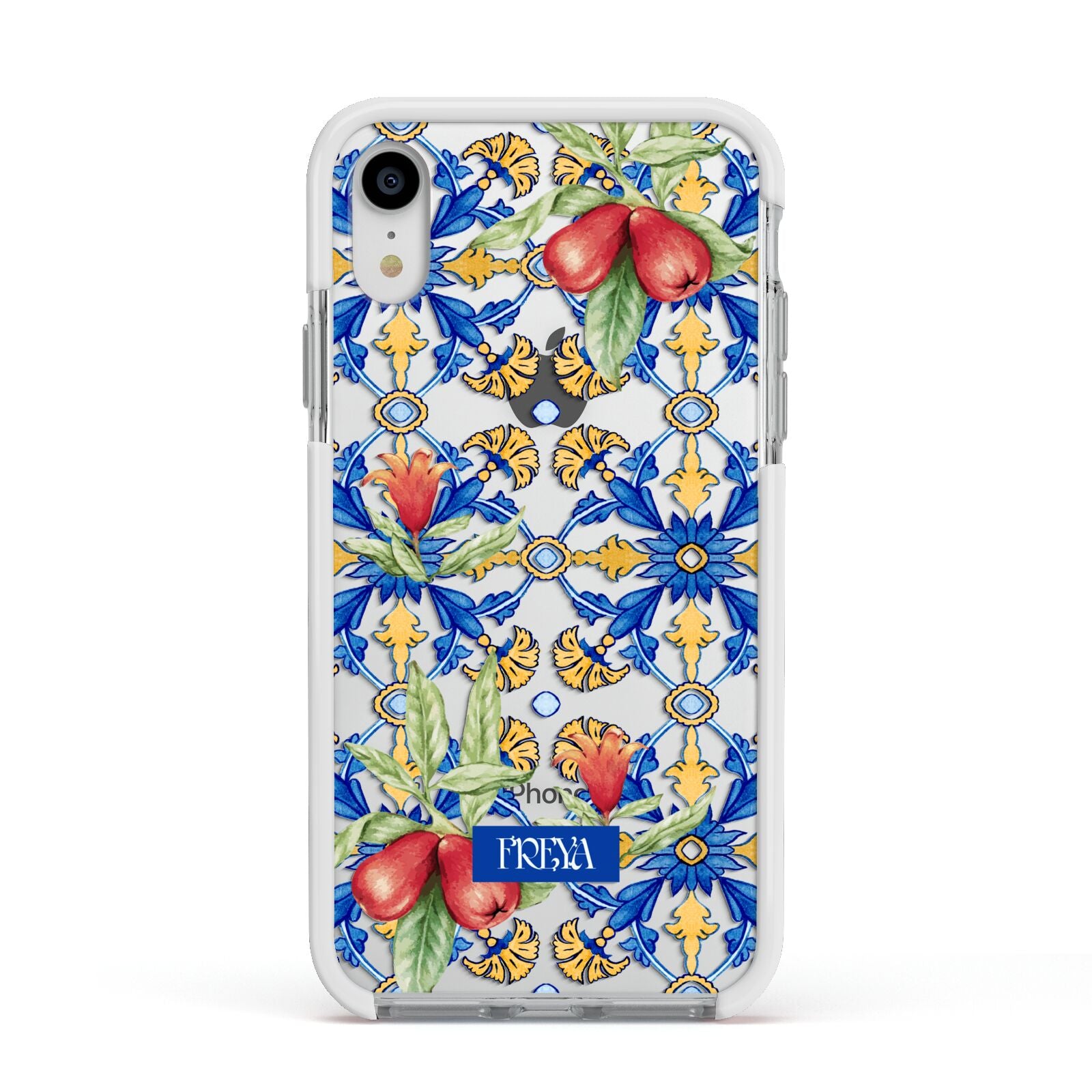 Personalised Mediterranean Fruit and Tiles Apple iPhone XR Impact Case White Edge on Silver Phone