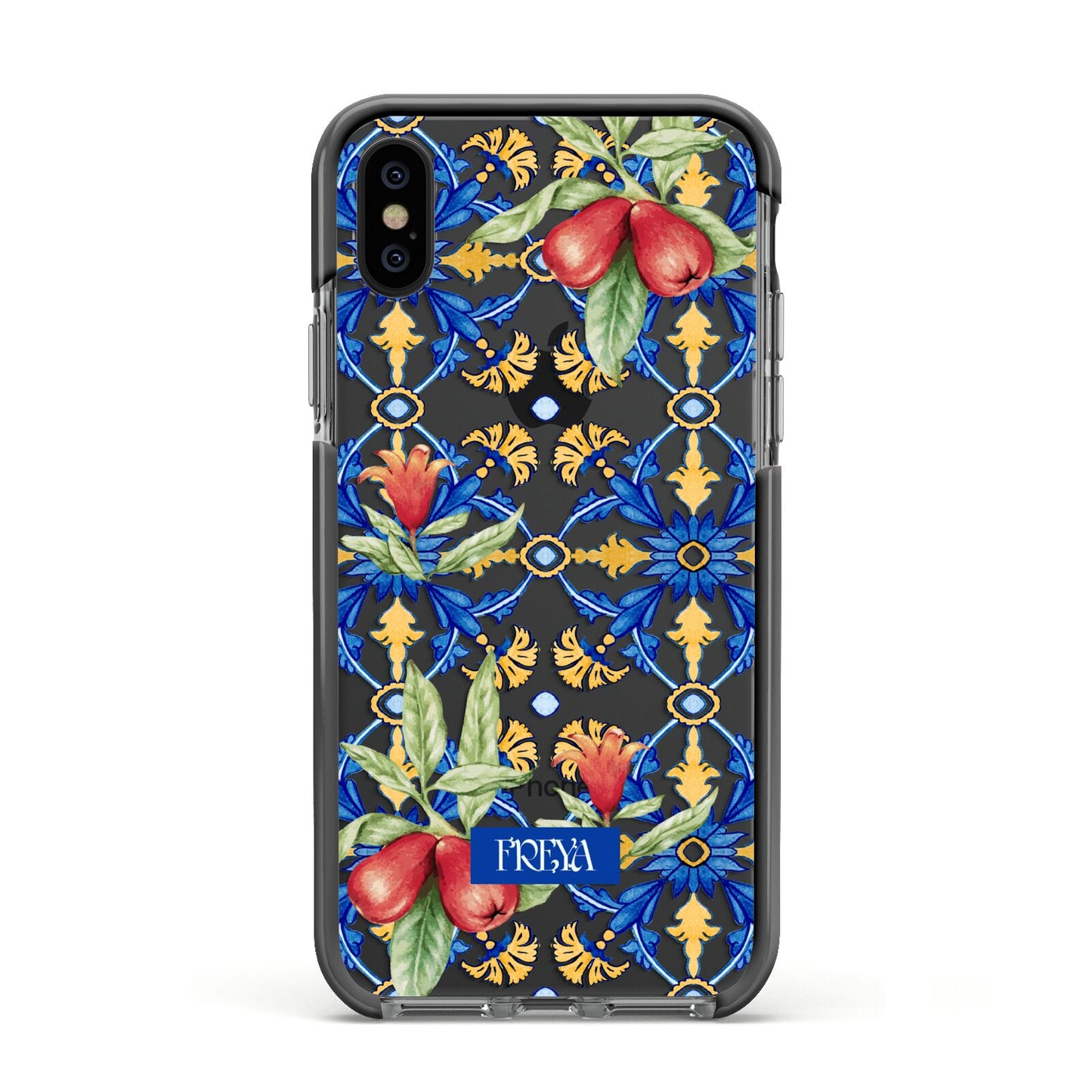 Personalised Mediterranean Fruit and Tiles Apple iPhone Xs Impact Case Black Edge on Black Phone