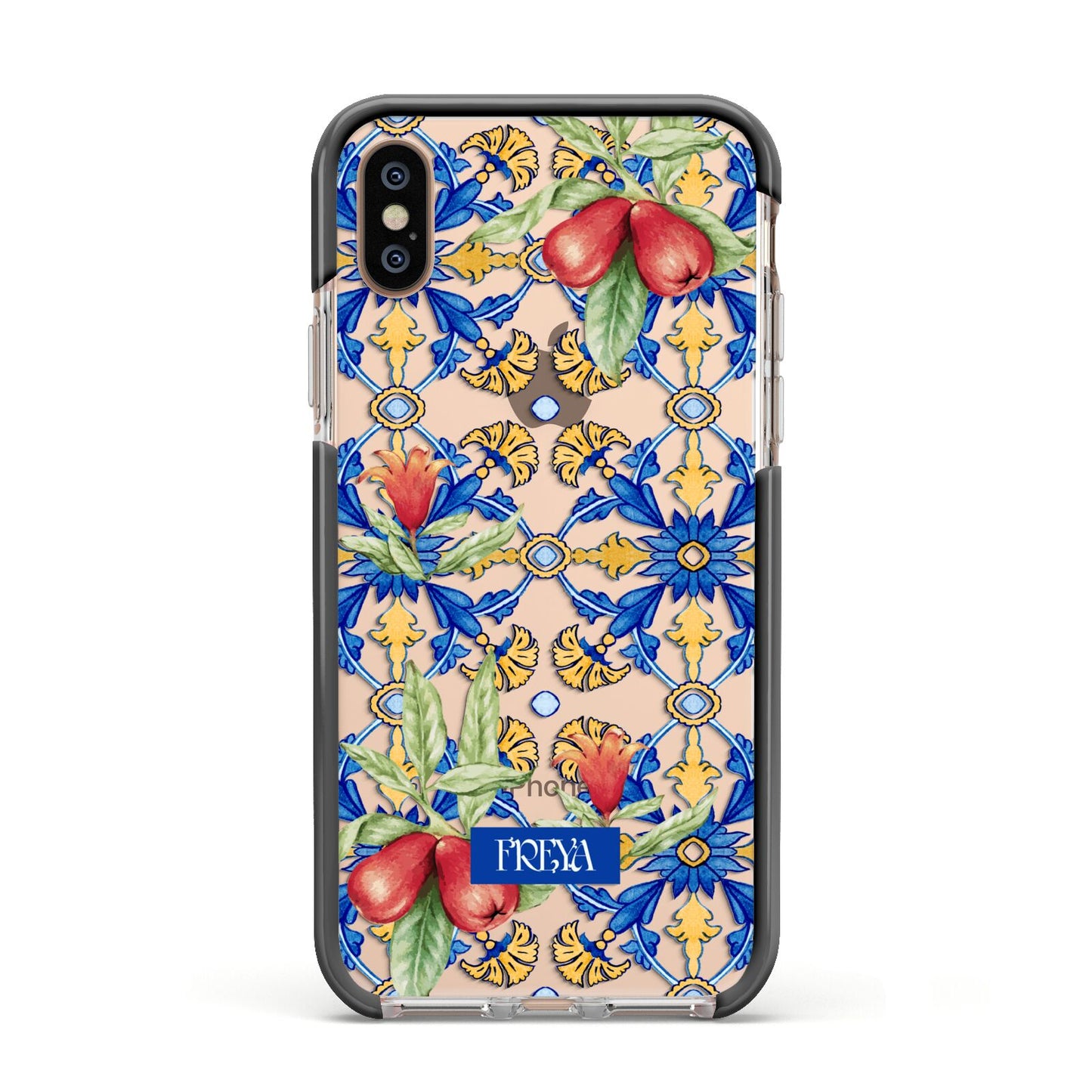 Personalised Mediterranean Fruit and Tiles Apple iPhone Xs Impact Case Black Edge on Gold Phone